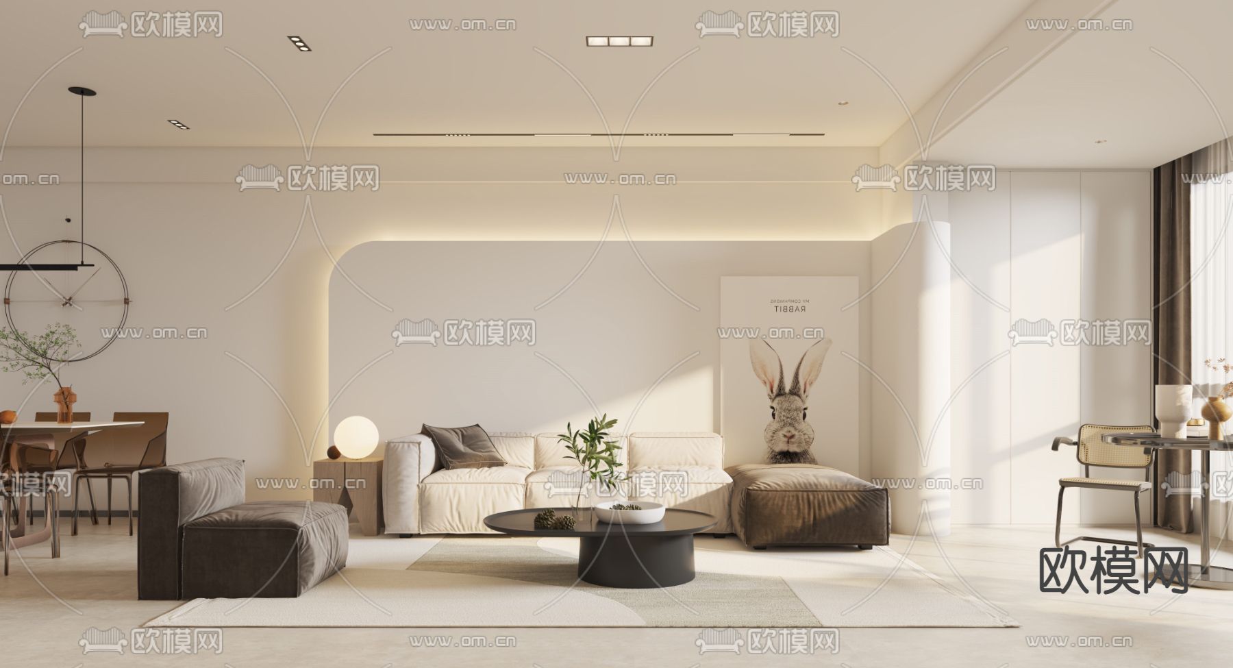 奶油风客餐厅3d模型下载（渲染图1）