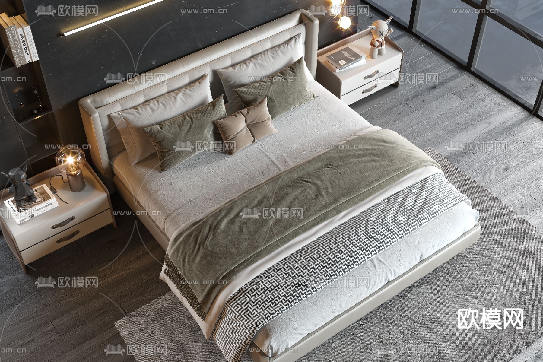 现代双人床3d模型下载（渲染图3）