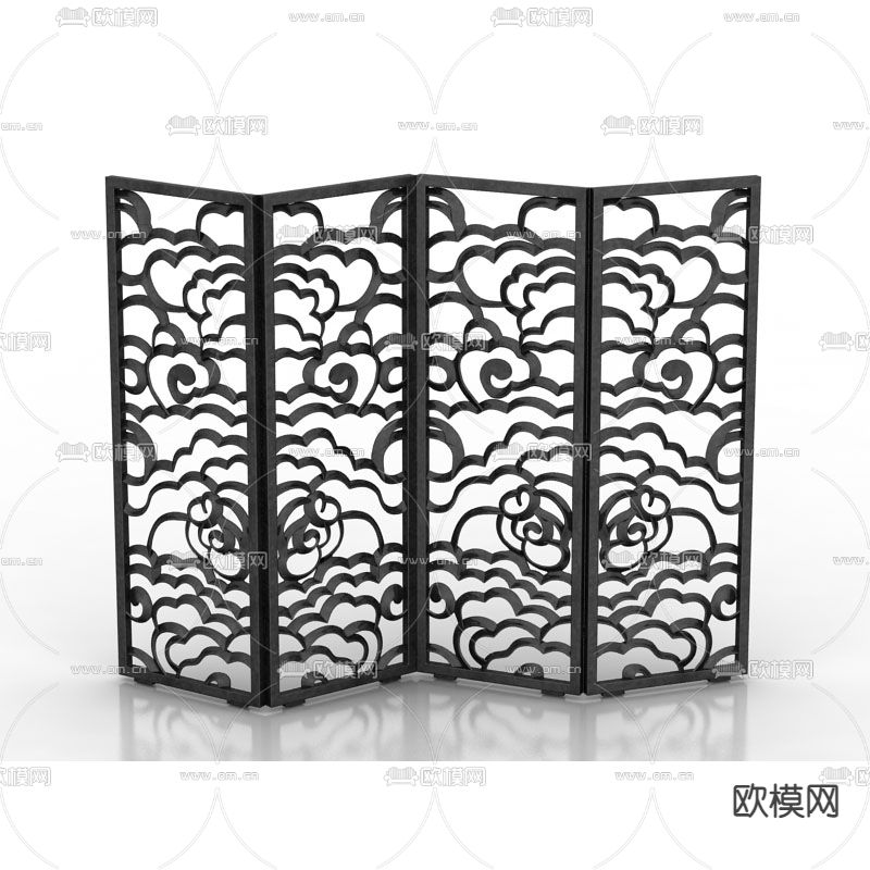 新中式复古云纹折叠屏风免费3d模型下载