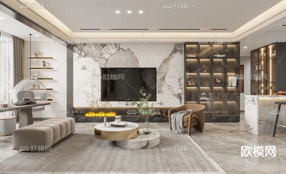 现代轻奢客厅3d模型下载(渲染图2)