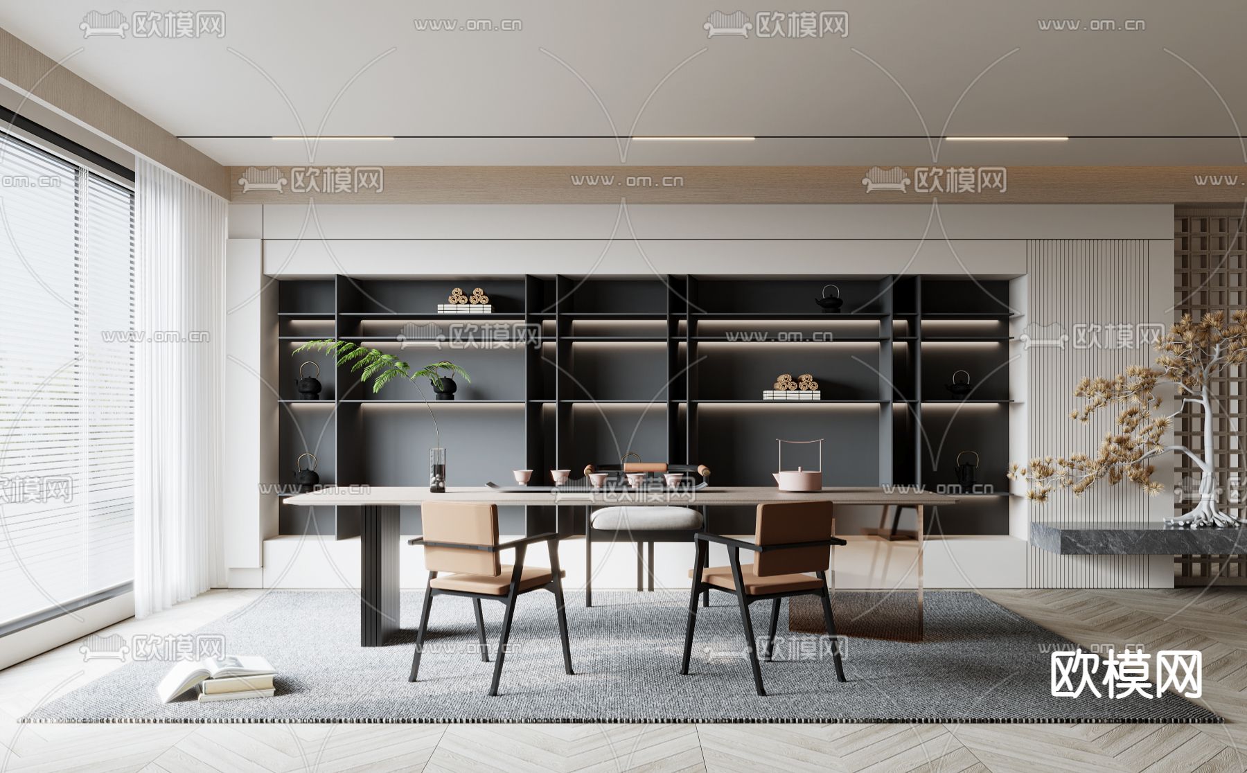 现代茶桌椅su模型下载（渲染图1）