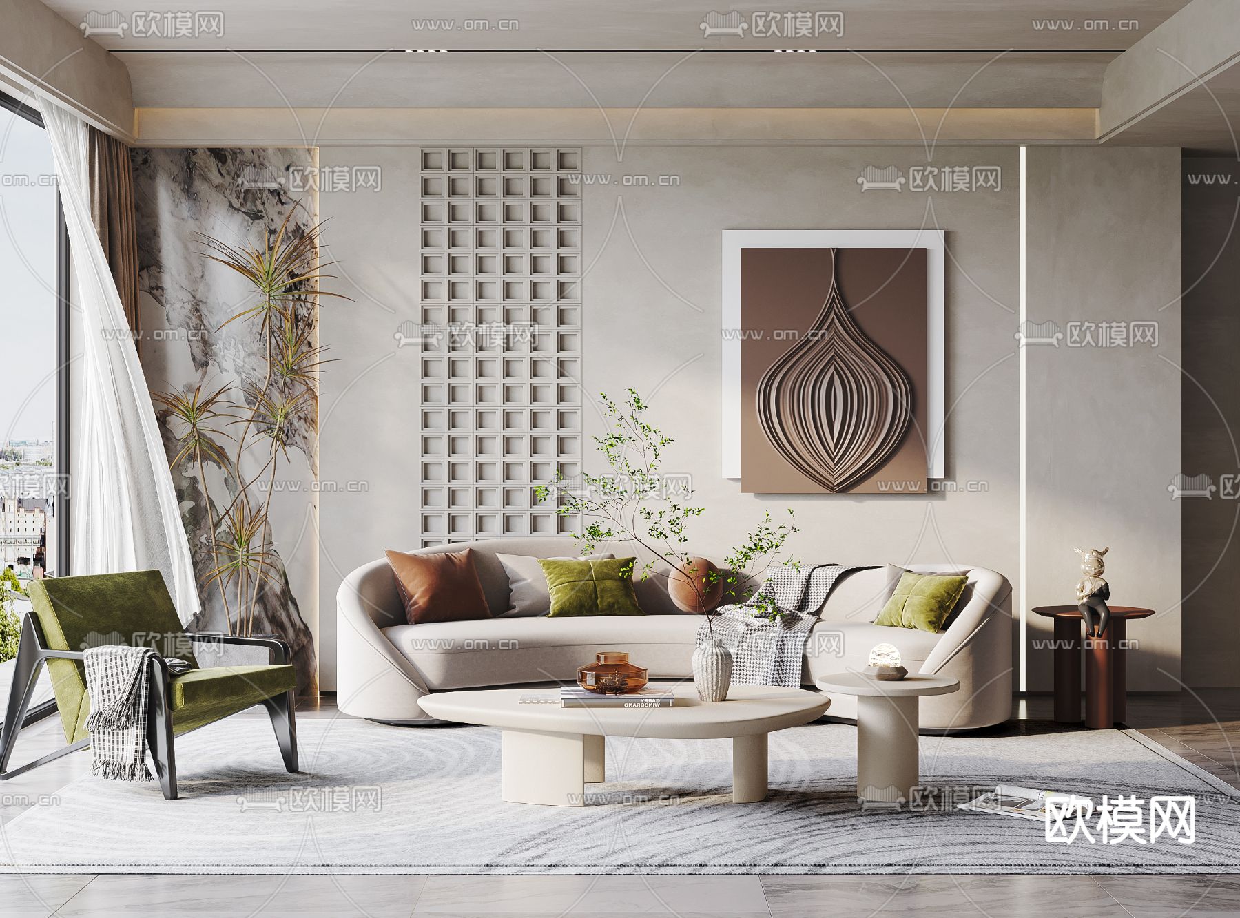 侘寂奶白色布艺弧形沙发组合3d模型下载