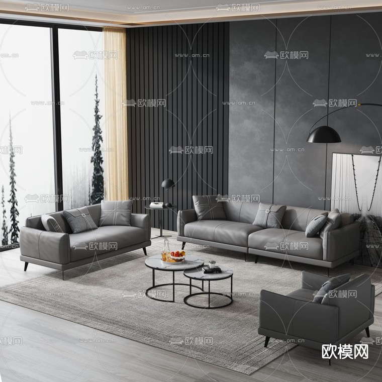 现代深灰色皮革沙发组合3d模型下载_ID11952990_3dmax免费模型-欧模网