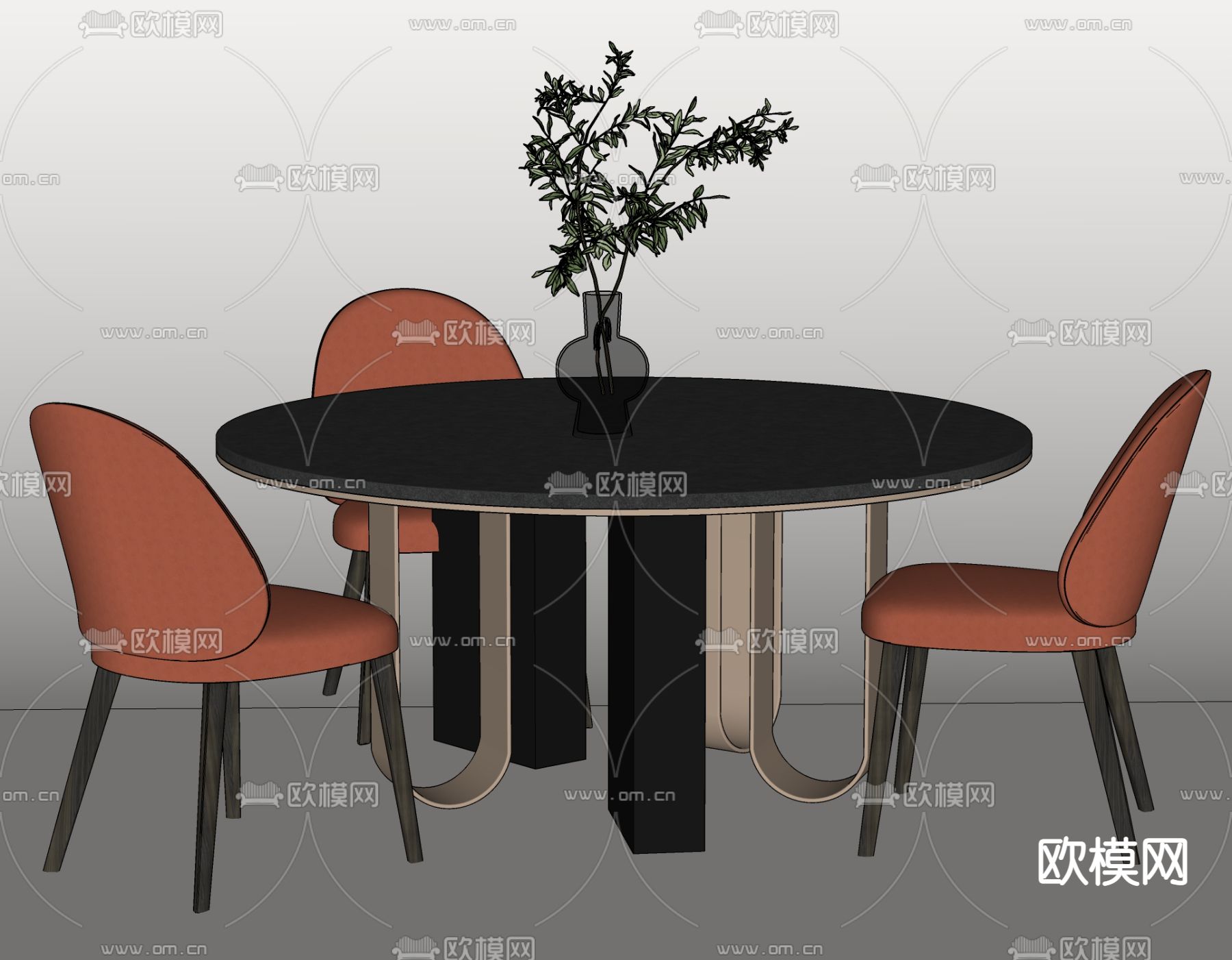 现代圆形餐桌椅su模型下载（渲染图2）