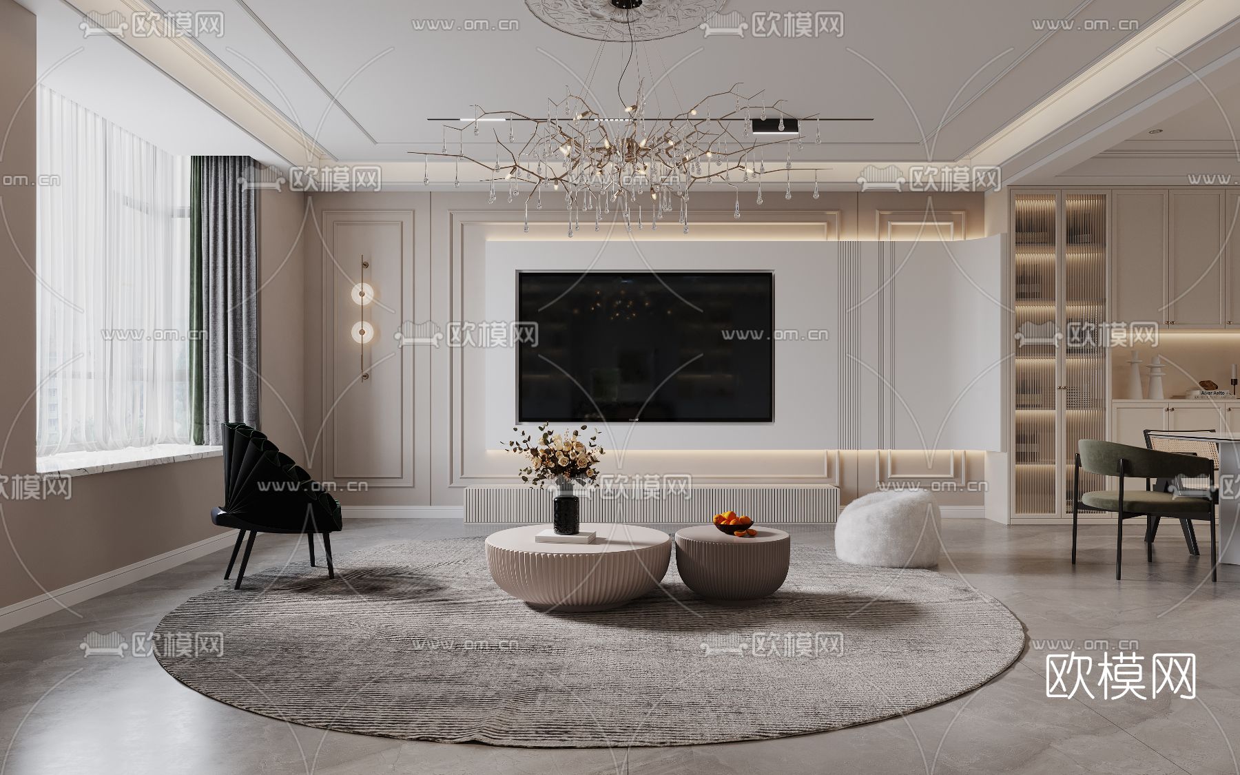 简欧奶油白复式客厅餐厅3d模型下载（渲染图5）