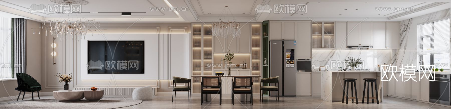 简欧奶油白复式客厅餐厅3d模型下载（渲染图8）