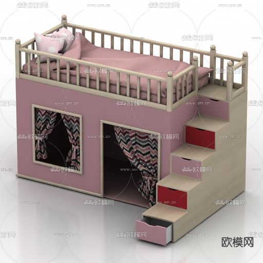 现代简约粉色公主儿童上下床免费3d模型下载