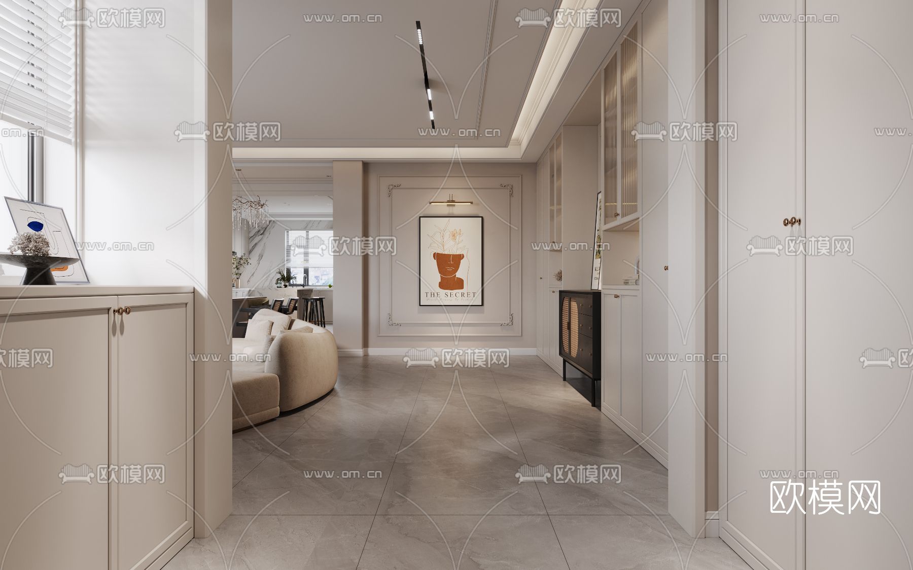 简欧奶油白复式客厅餐厅3d模型下载（渲染图6）