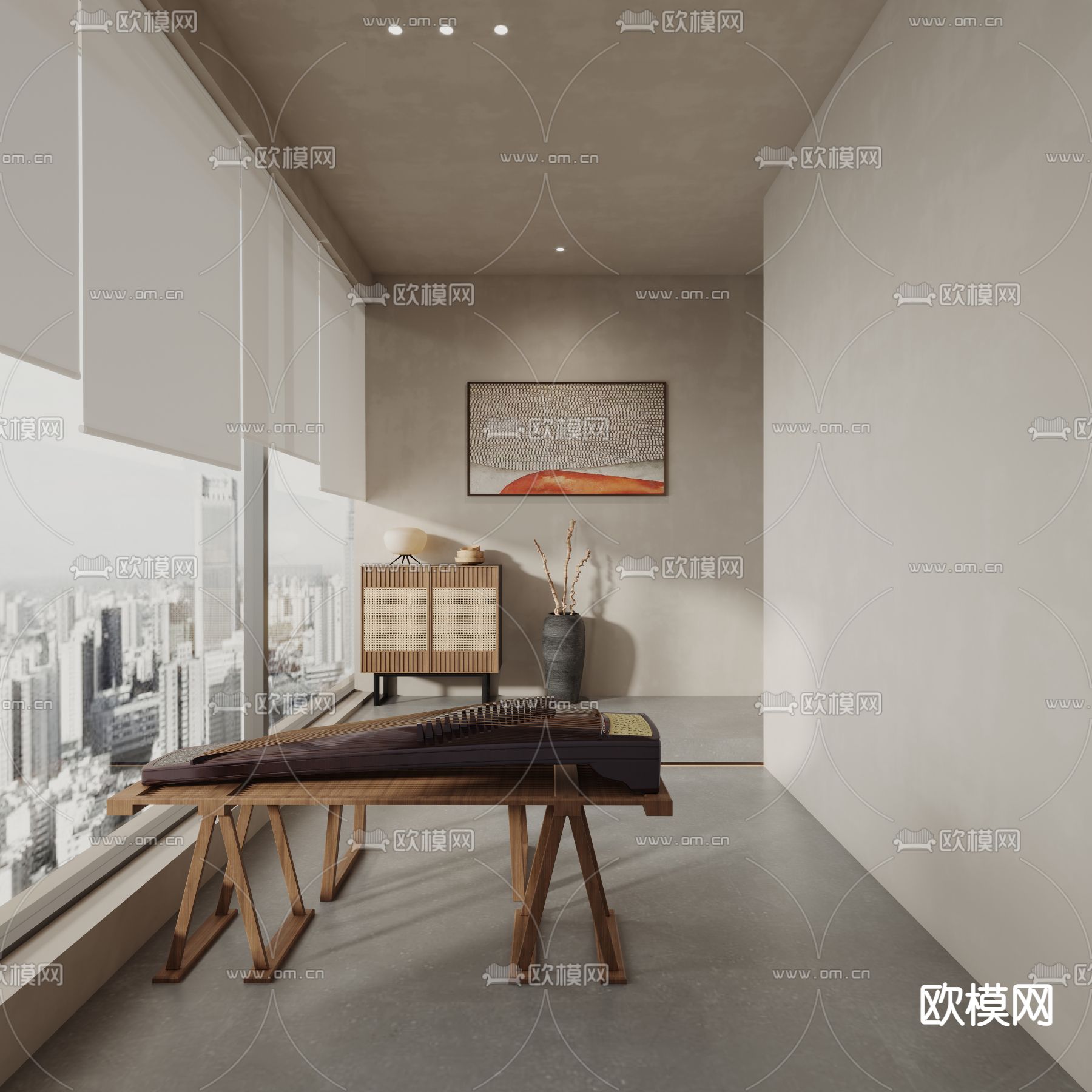 侘寂古筝钢琴琴房3d模型下载（渲染图1）