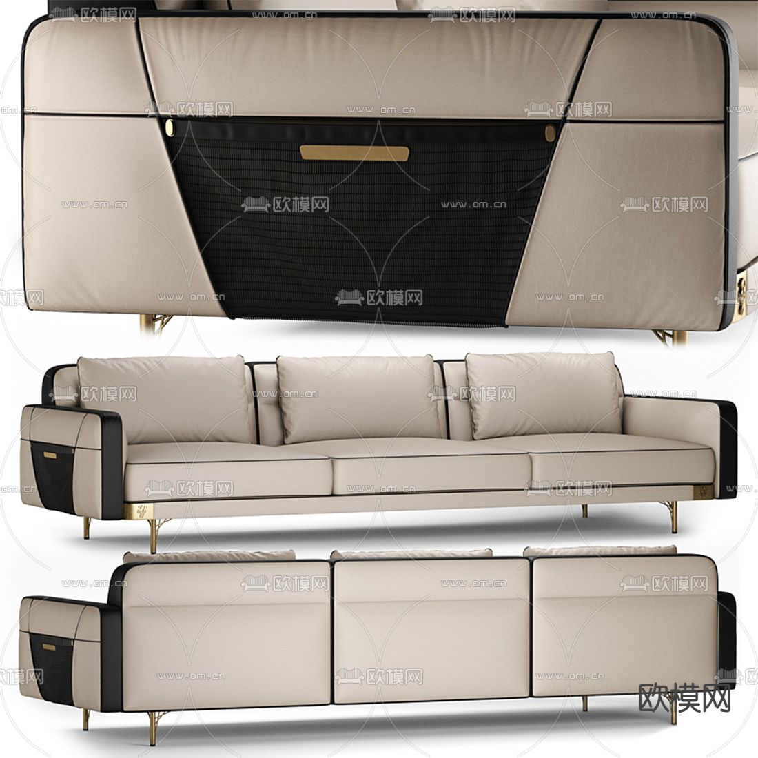 后现代真皮多人沙发 三人沙发3d模型下载（渲染图1）