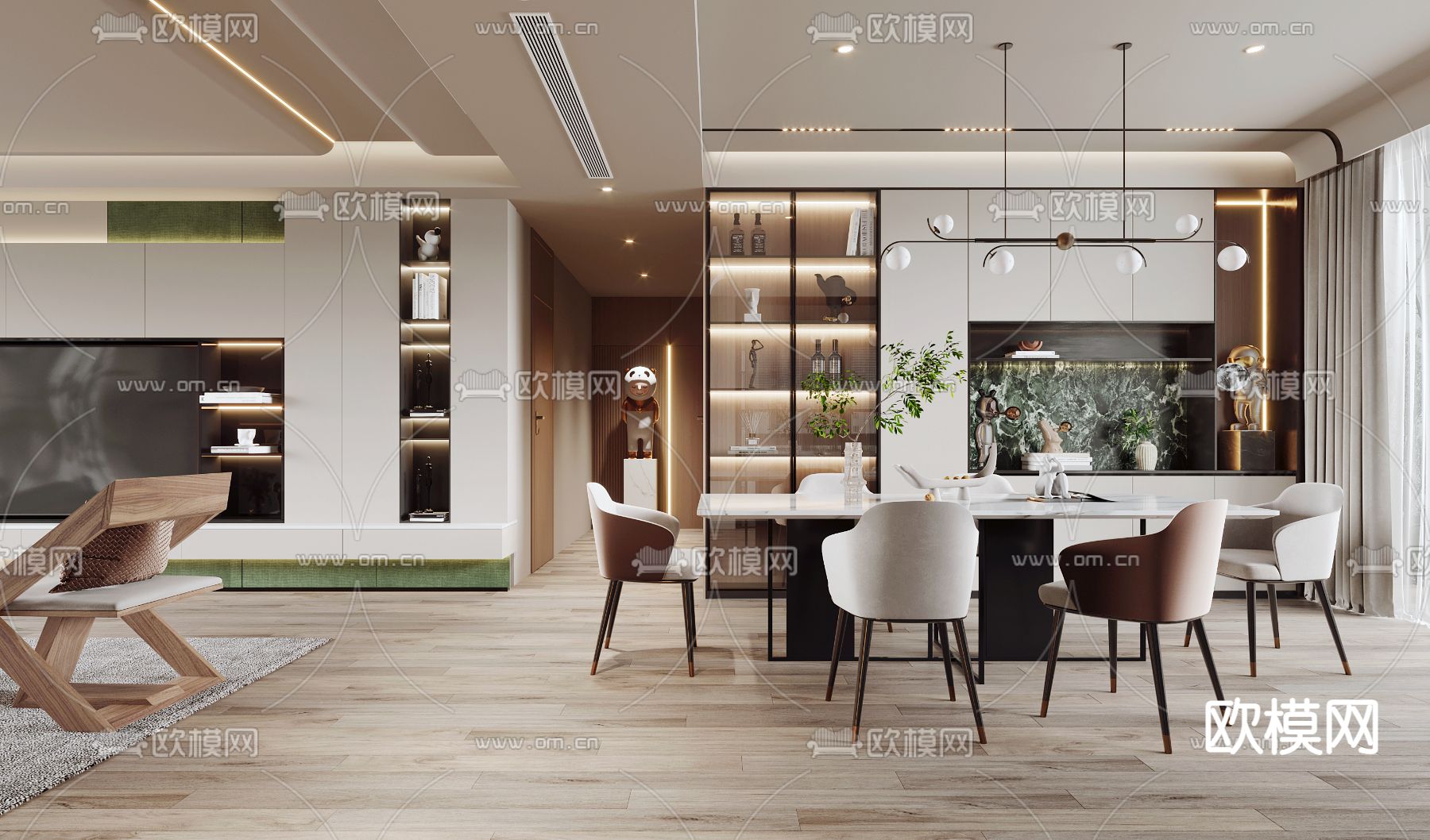 奶油风客厅餐厅3d模型下载（渲染图2）