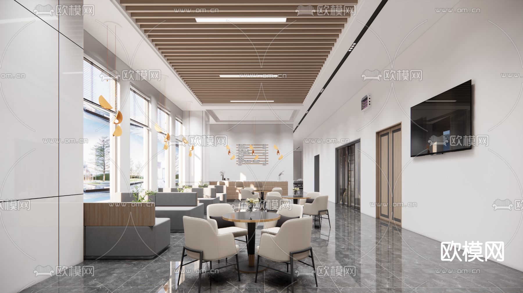 现代公司员工餐厅食堂su模型下载（渲染图1）