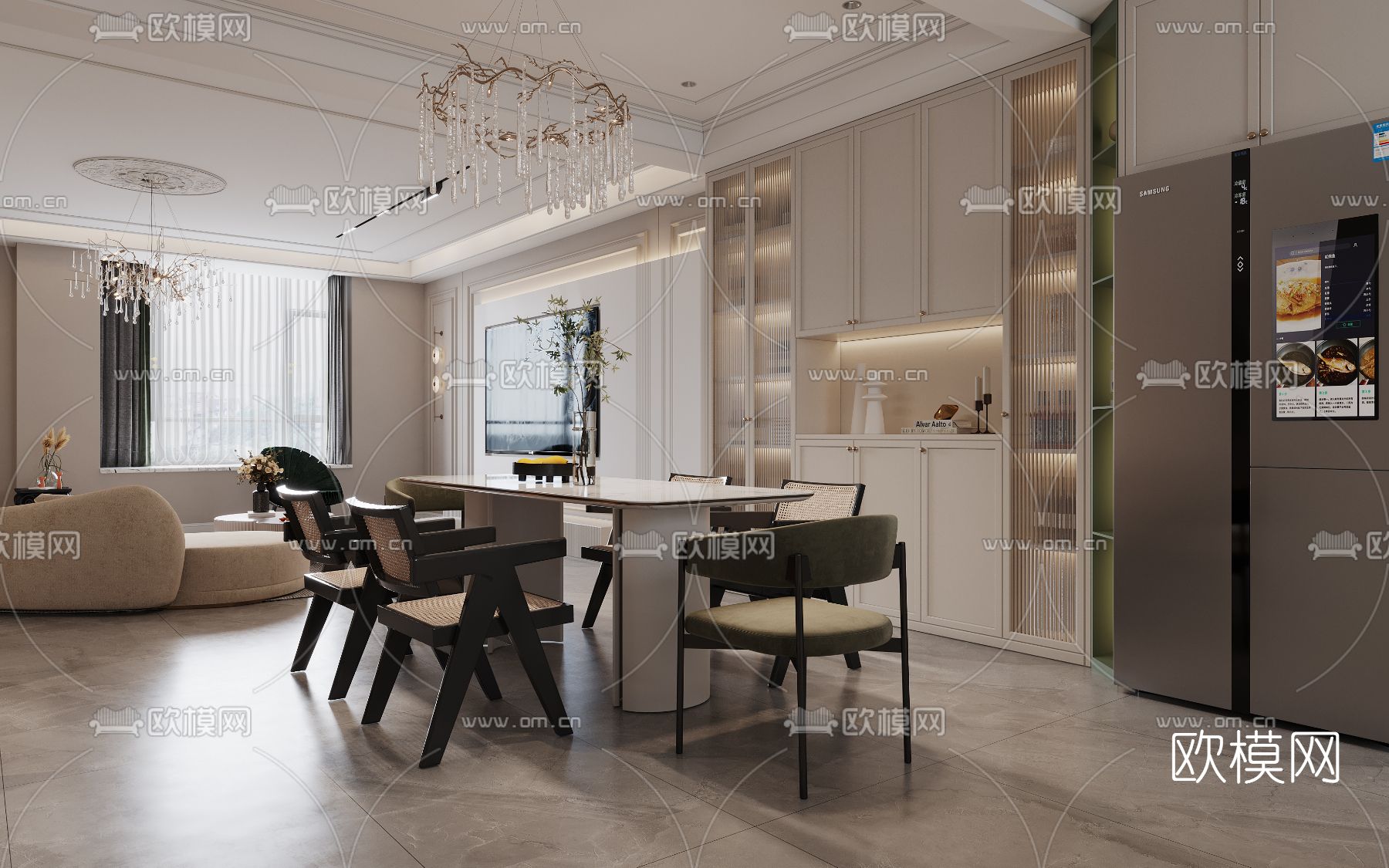 简欧奶油白复式客厅餐厅3d模型下载（渲染图3）
