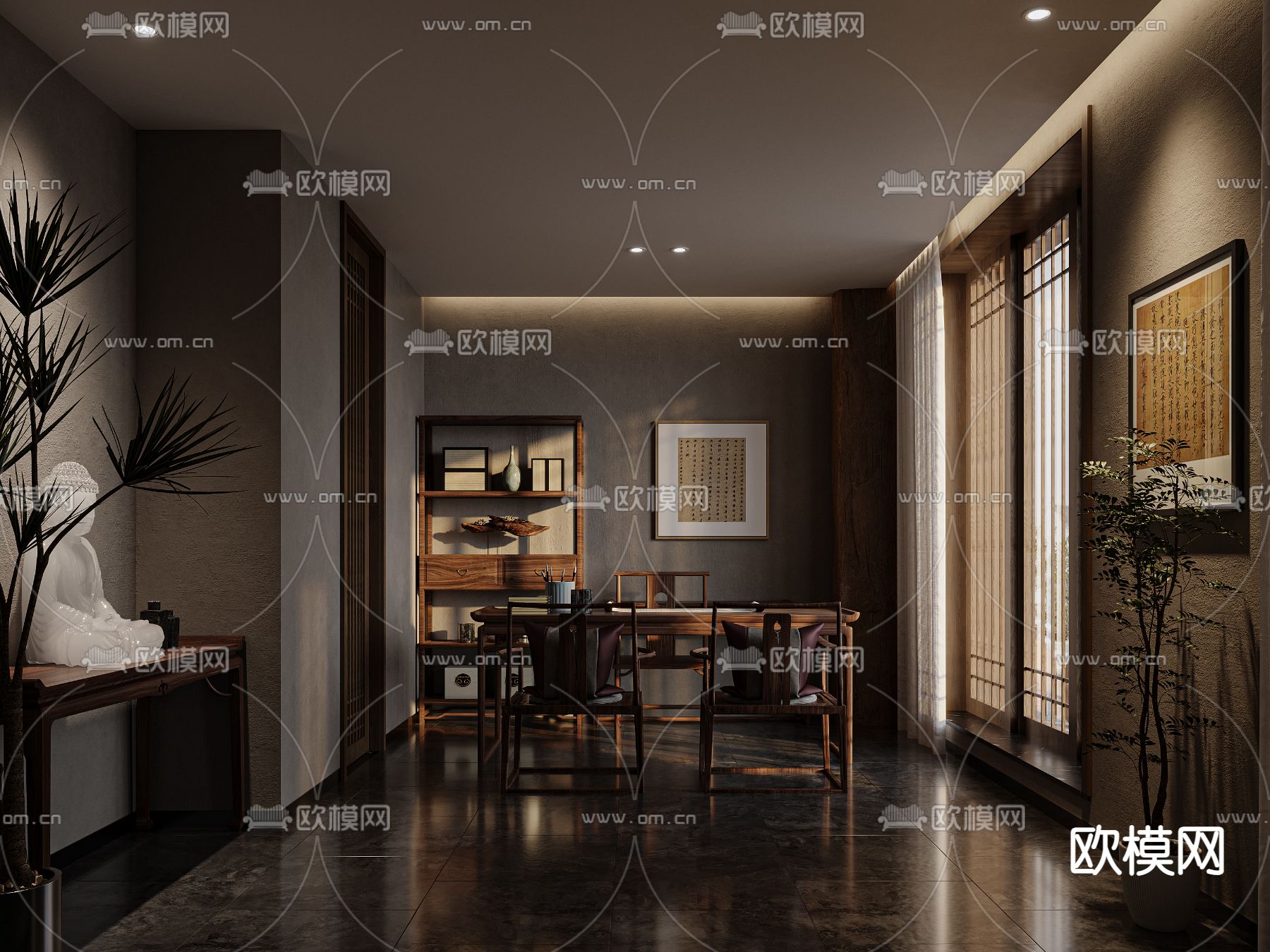 新中式禅意书房3d模型下载_ID:11957519_3dmax免费模型-欧模网