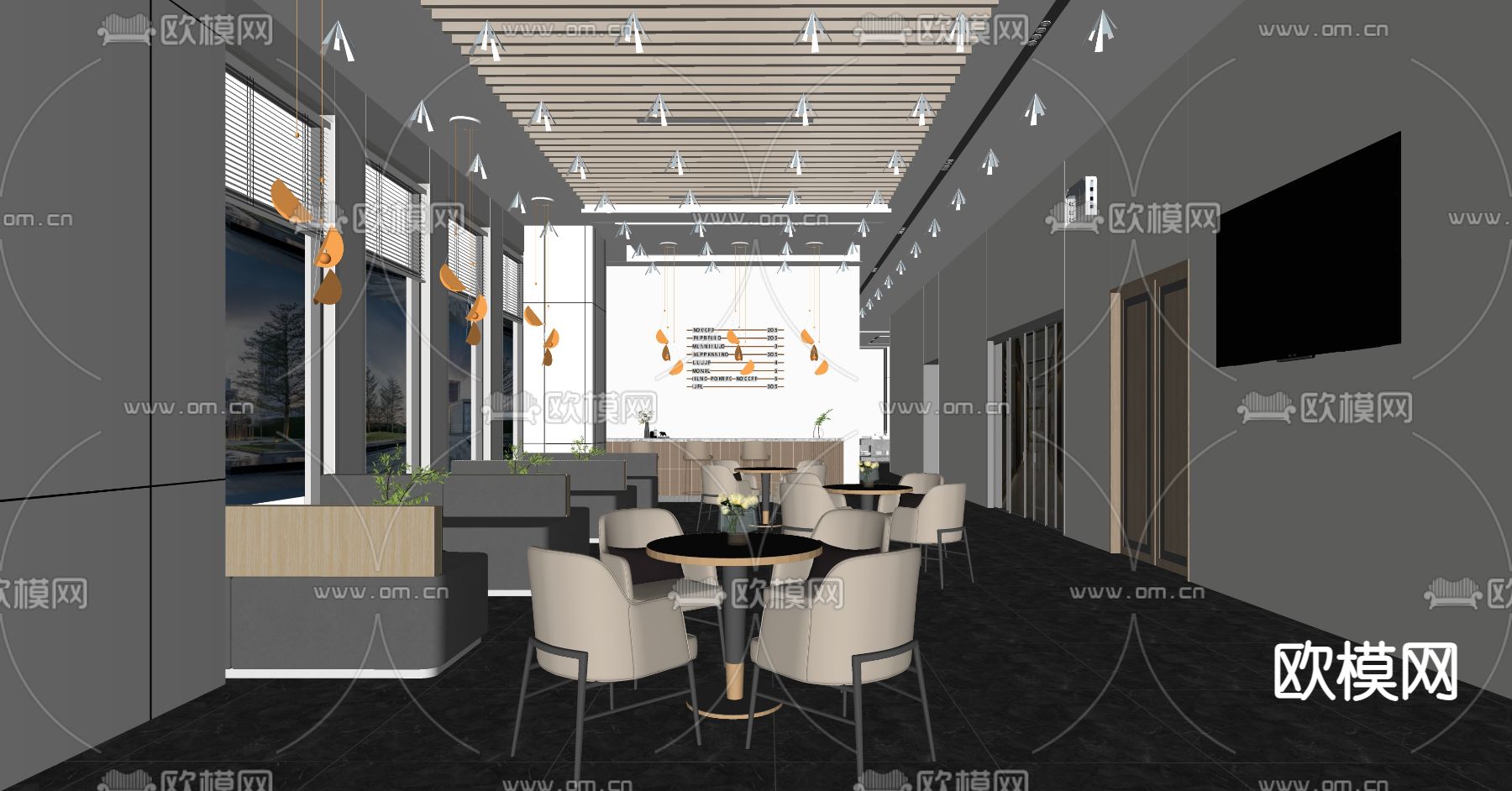 现代公司员工餐厅食堂su模型下载（渲染图3）