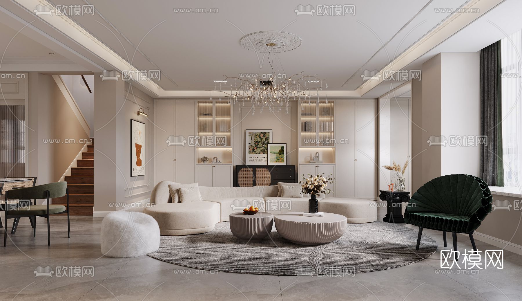 简欧奶油白复式客厅餐厅3d模型下载（渲染图1）