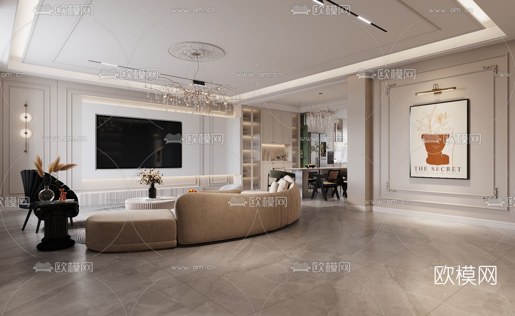 简欧奶油白复式客厅餐厅3d模型下载（渲染图4）