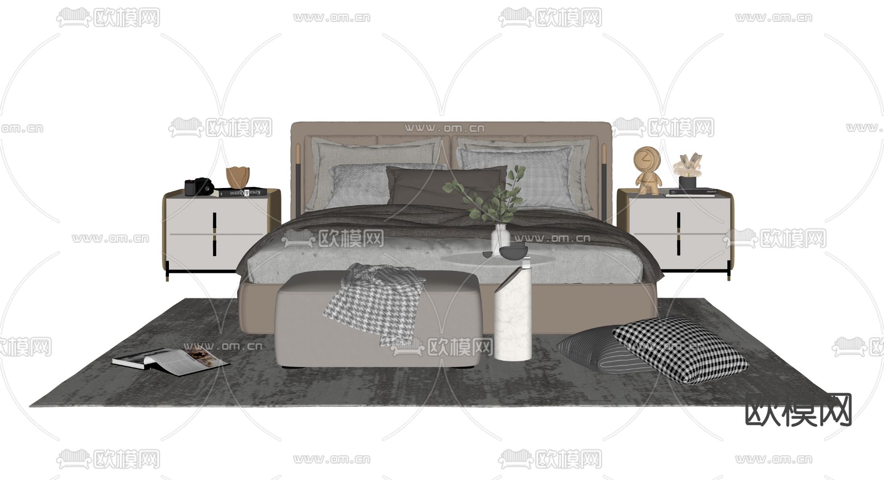现代双人床su模型下载（渲染图2）