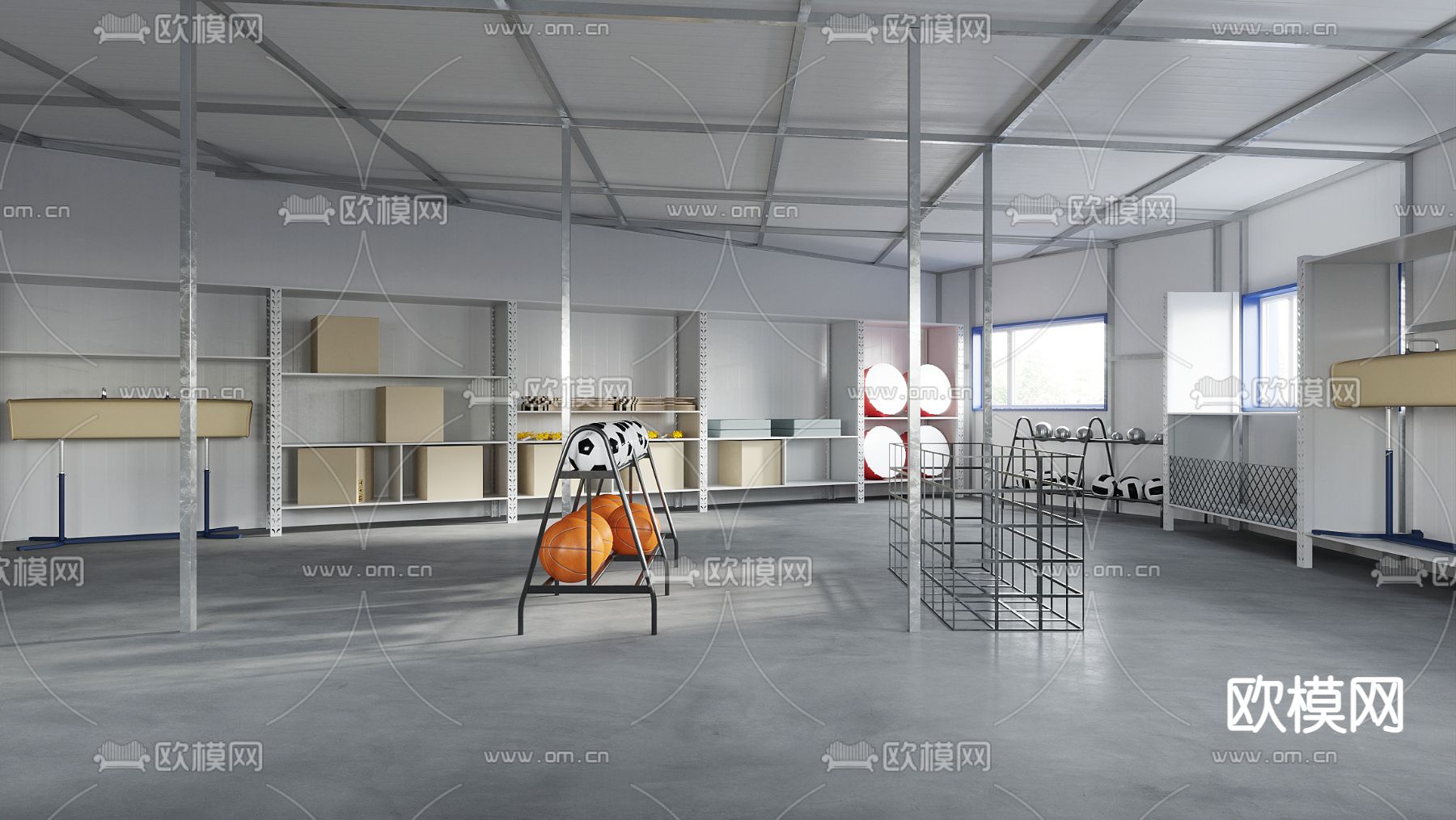 现代体育器材仓库3d模型下载（渲染图1）
