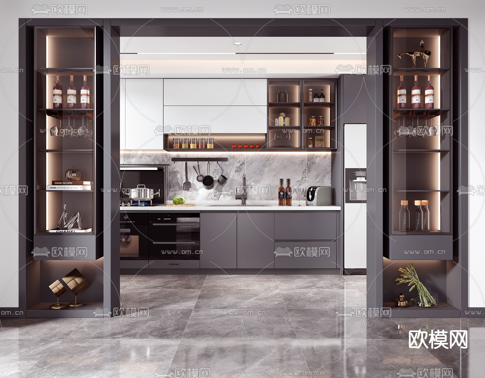 现代高级灰厨房3d模型下载（渲染图2）