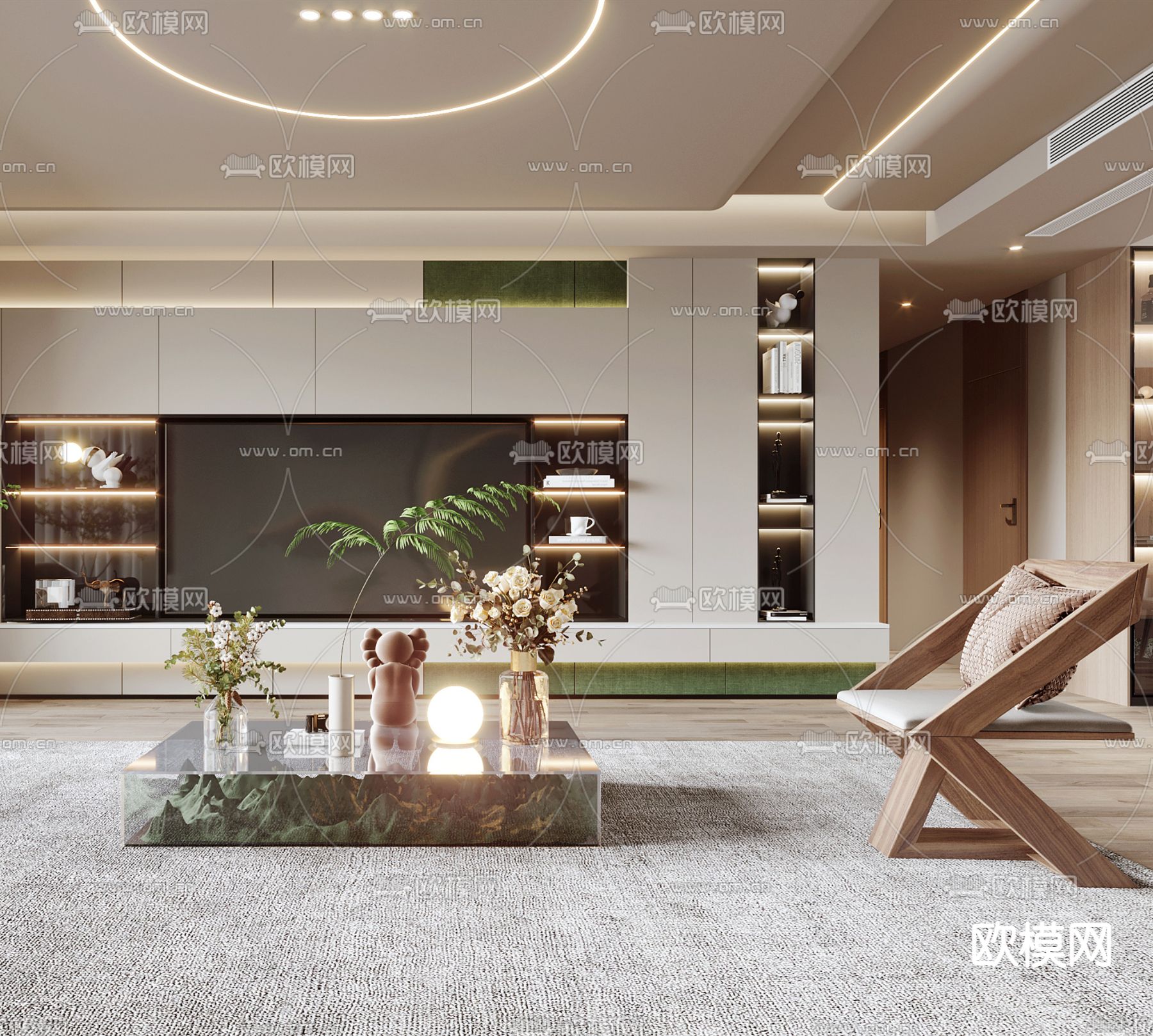 奶油风客厅餐厅3d模型下载（渲染图5）