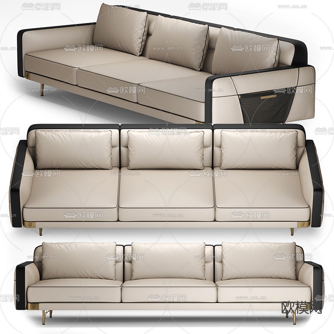 后现代真皮多人沙发 三人沙发3d模型下载（渲染图2）