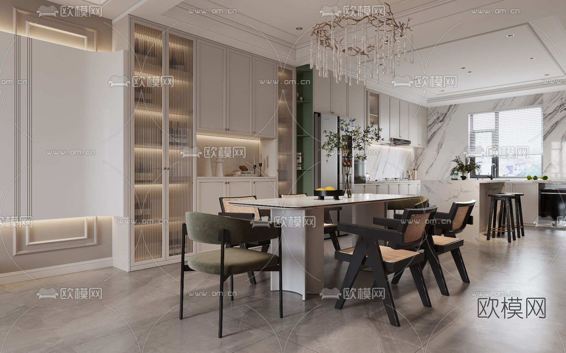 简欧奶油白复式客厅餐厅3d模型下载（渲染图2）