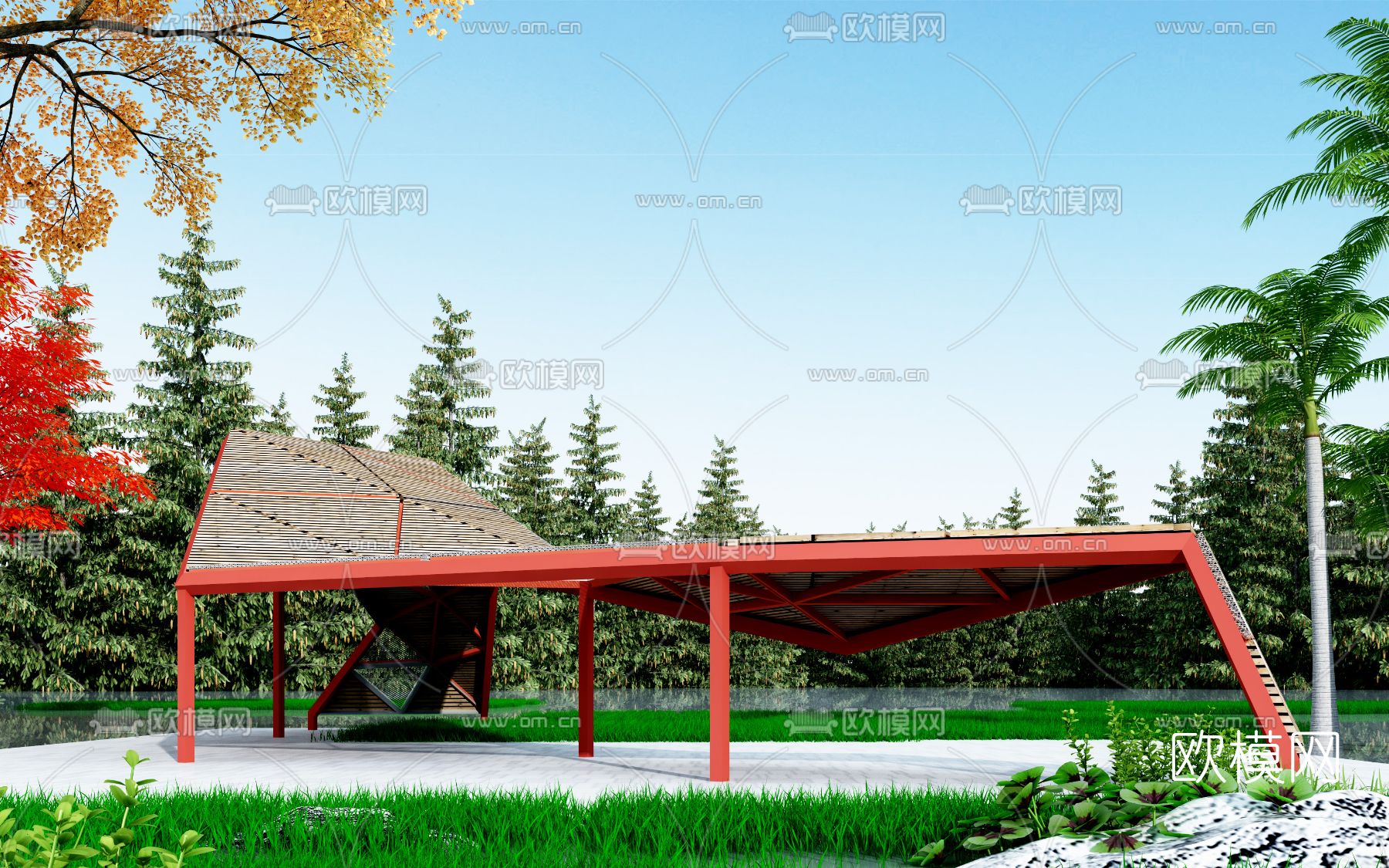 新中式花架廊架3d模型下载