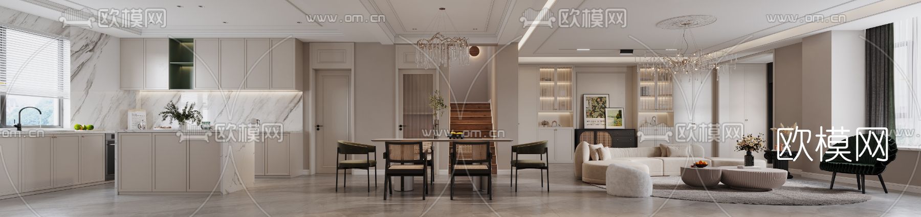 简欧奶油白复式客厅餐厅3d模型下载（渲染图7）