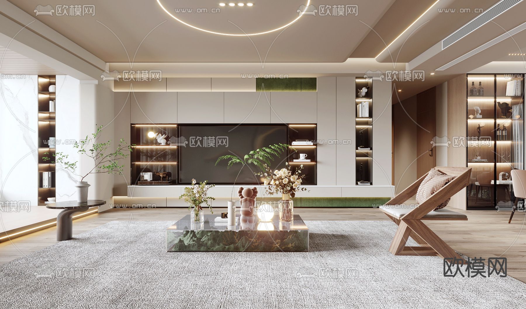 奶油风客厅餐厅3d模型下载（渲染图1）