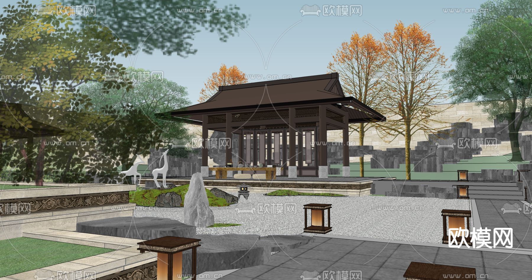 中式酒店庭院景观su模型下载（渲染图4）