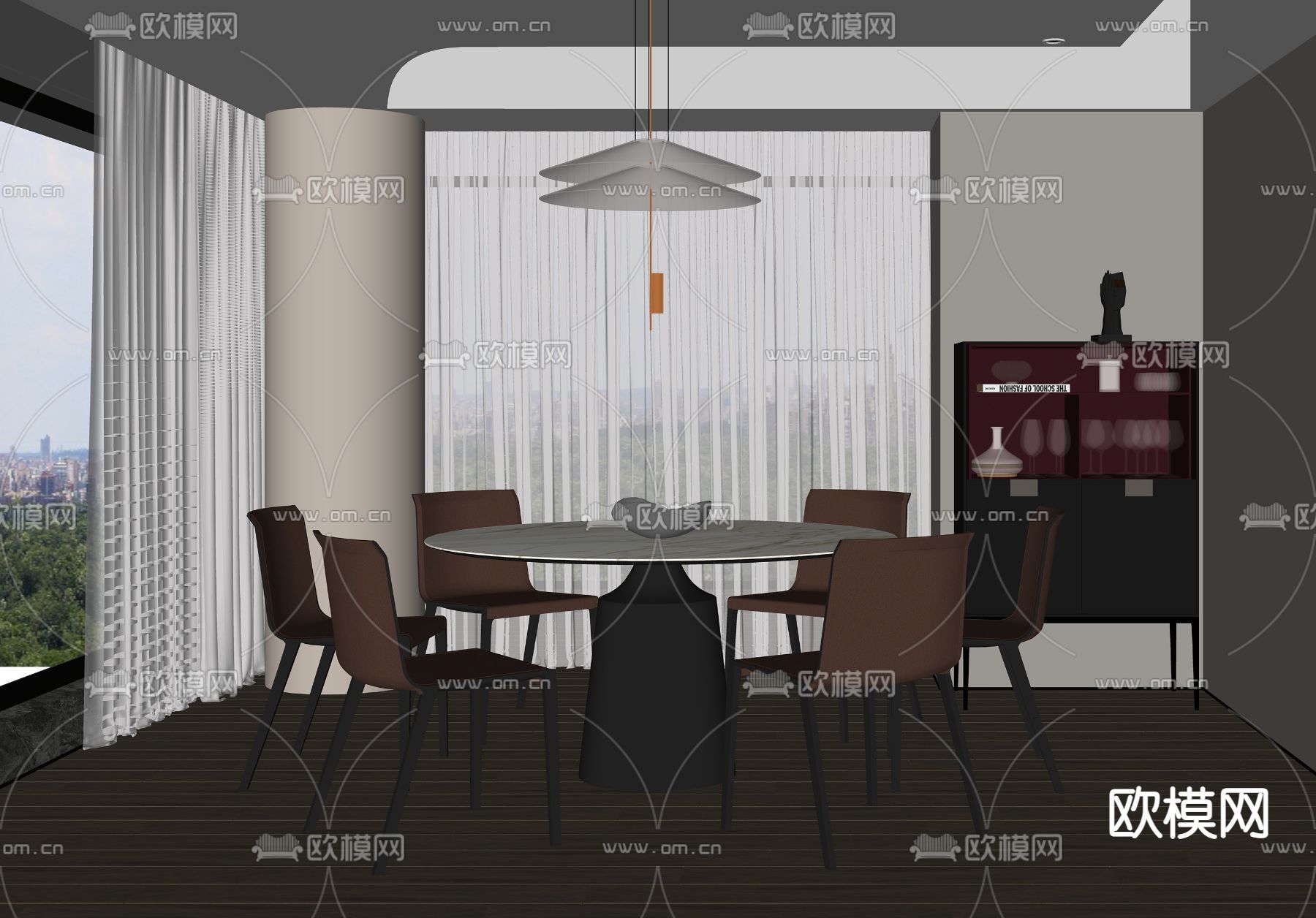 现代圆形餐桌椅su模型下载（渲染图2）