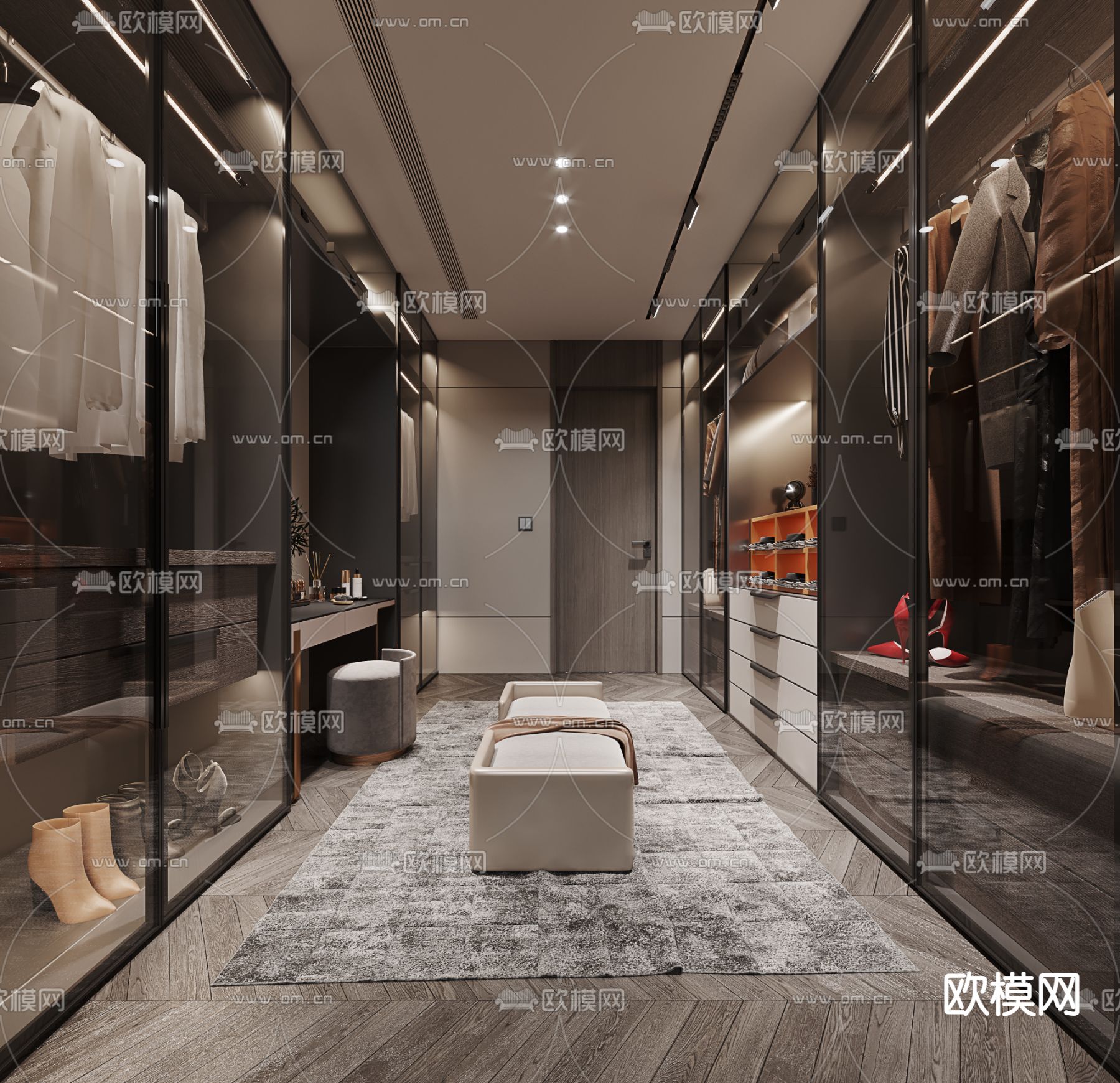 现代双一字型衣帽间3d模型下载