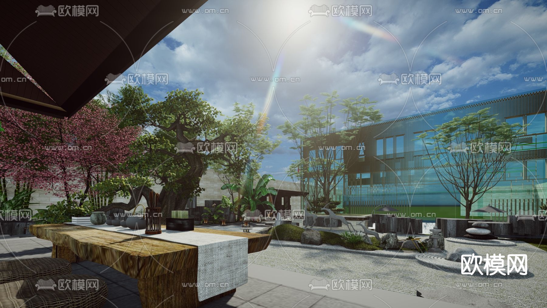 中式酒店庭院景观su模型下载（渲染图1）