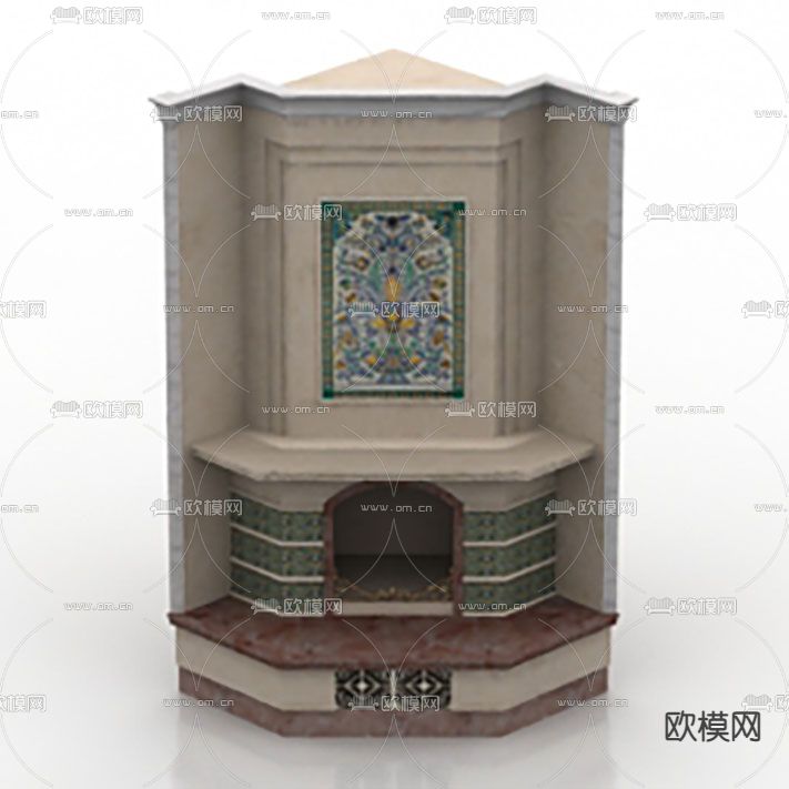 美式复古石材雕花瓷砖转角壁炉免费3d模型下载