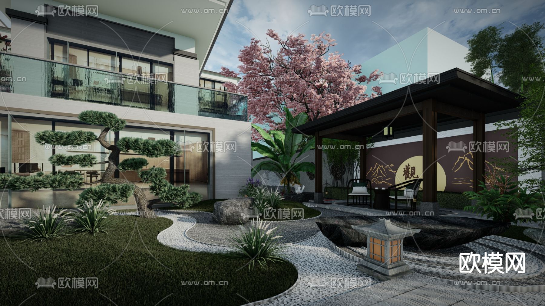 中式庭院花园景观su模型下载（渲染图2）
