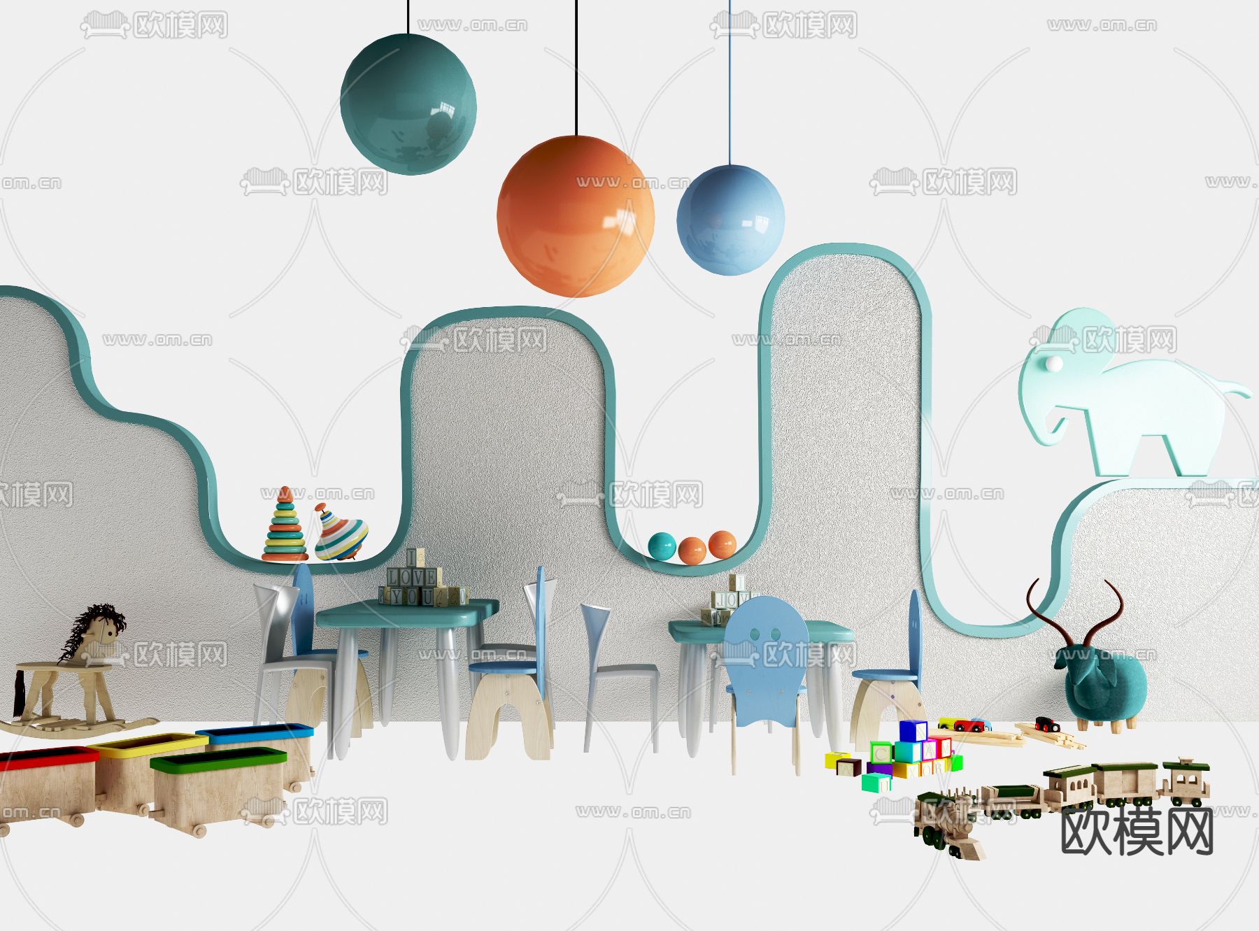 现代幼儿园儿童桌椅3d模型下载