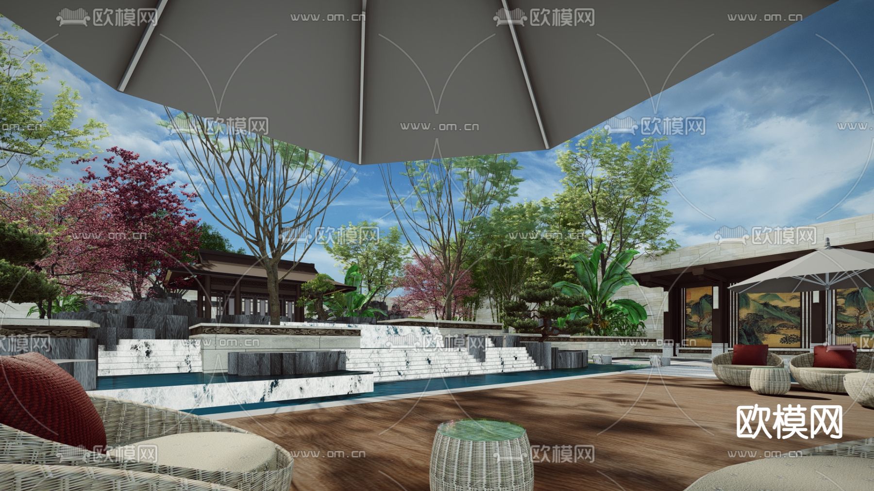 中式酒店庭院景观su模型下载（渲染图2）