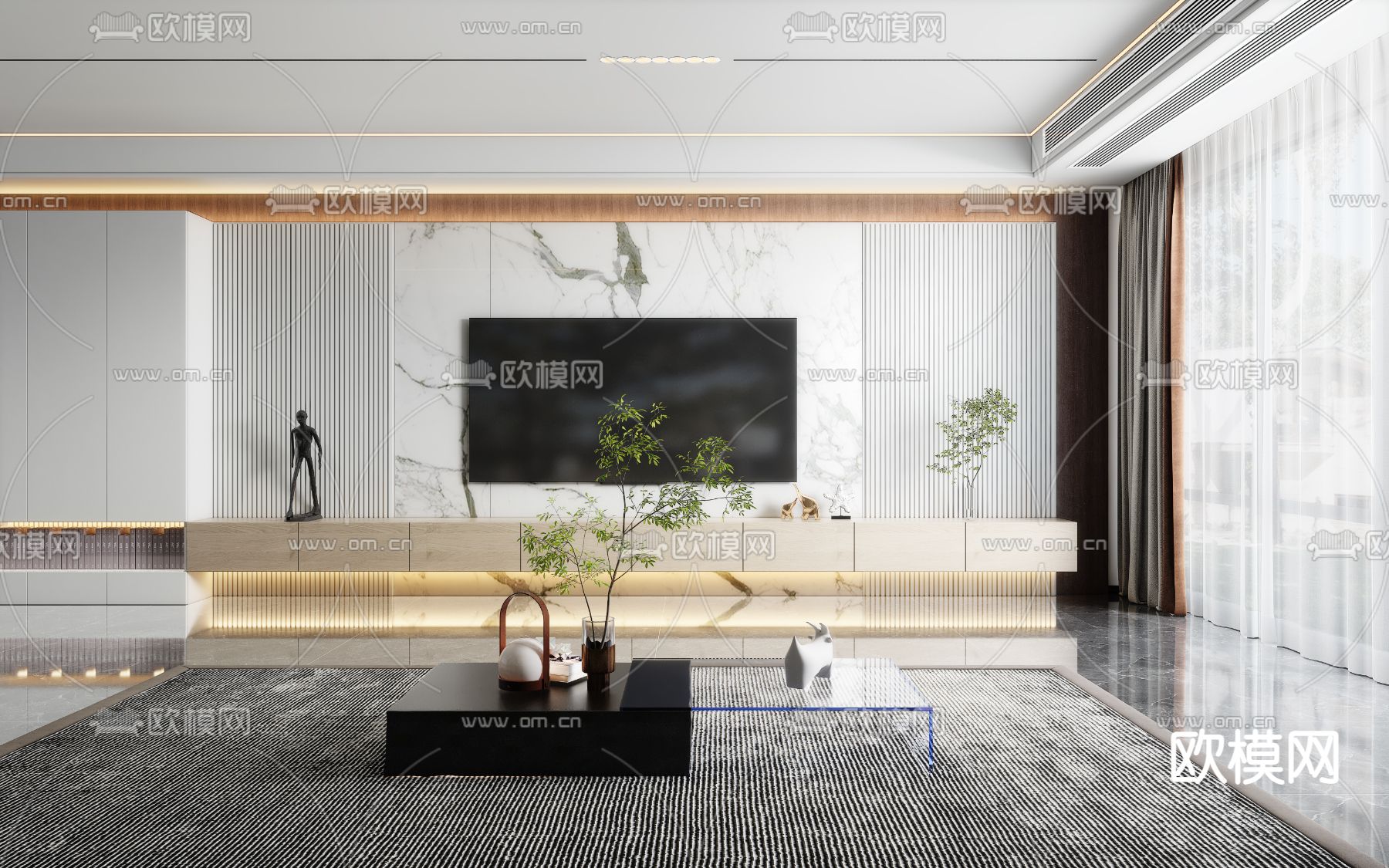 现代轻奢客厅餐厅3d模型下载（渲染图2）