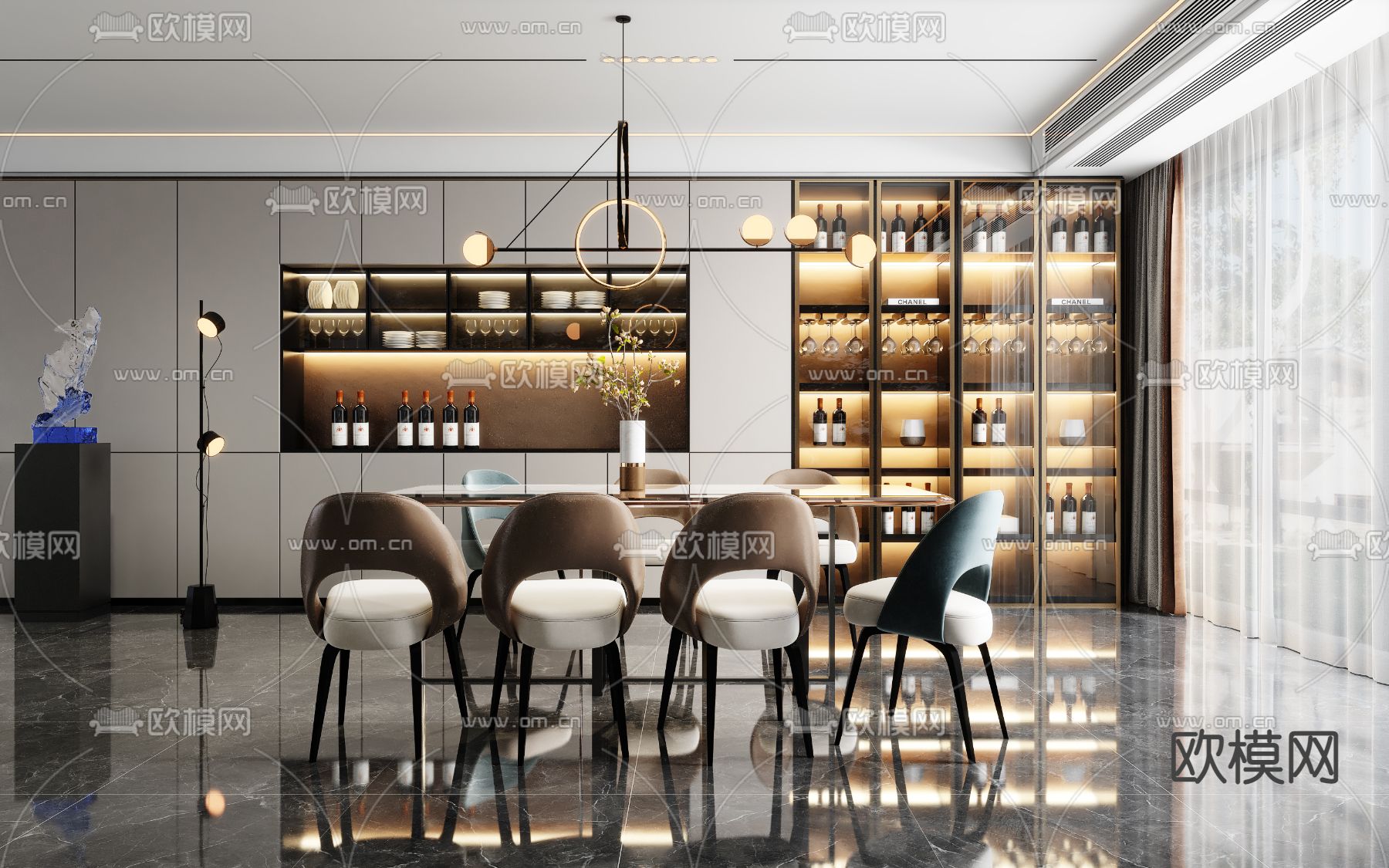 现代轻奢客厅餐厅3d模型下载（渲染图3）