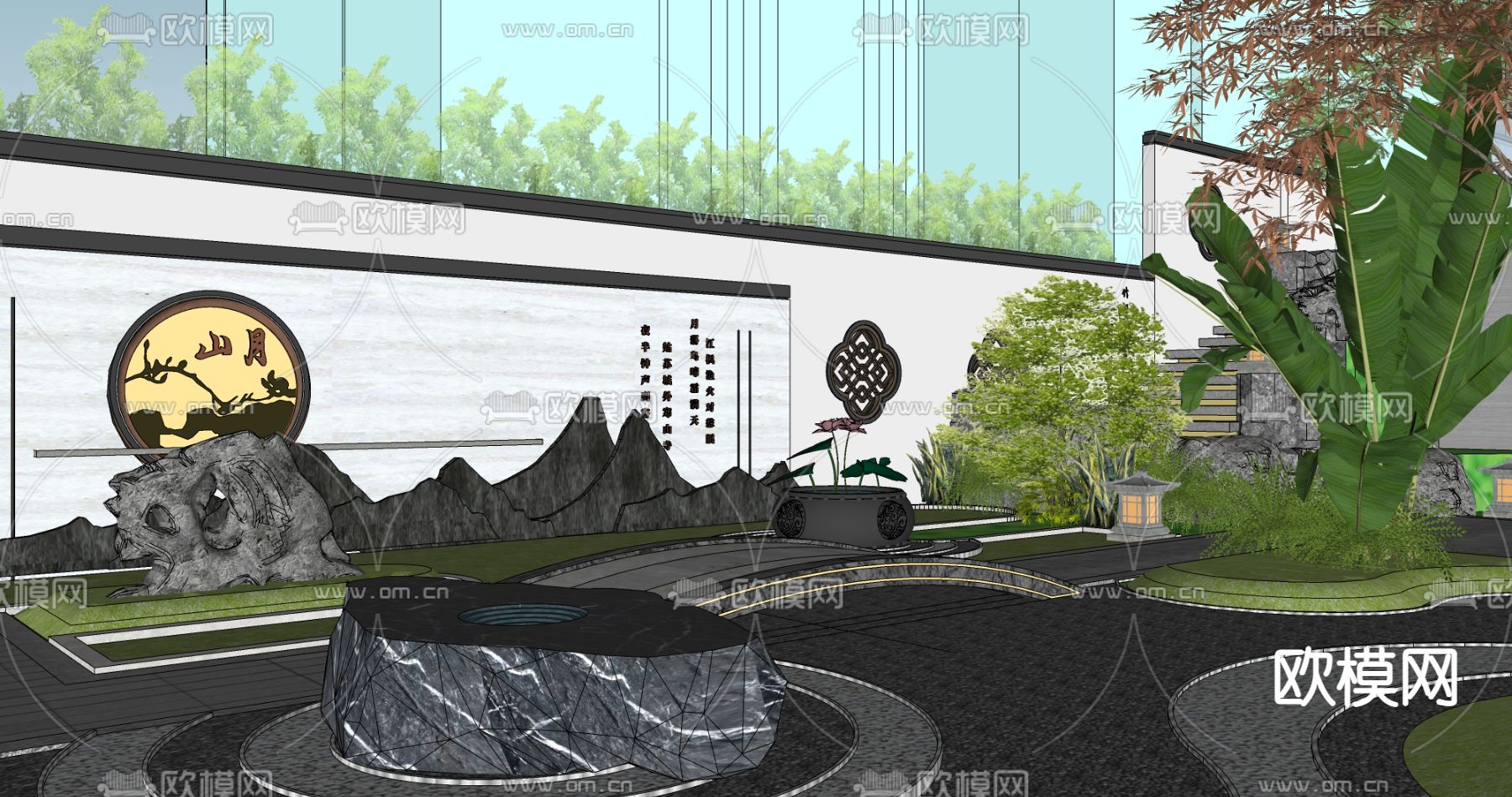 中式庭院花园景观su模型下载（渲染图3）