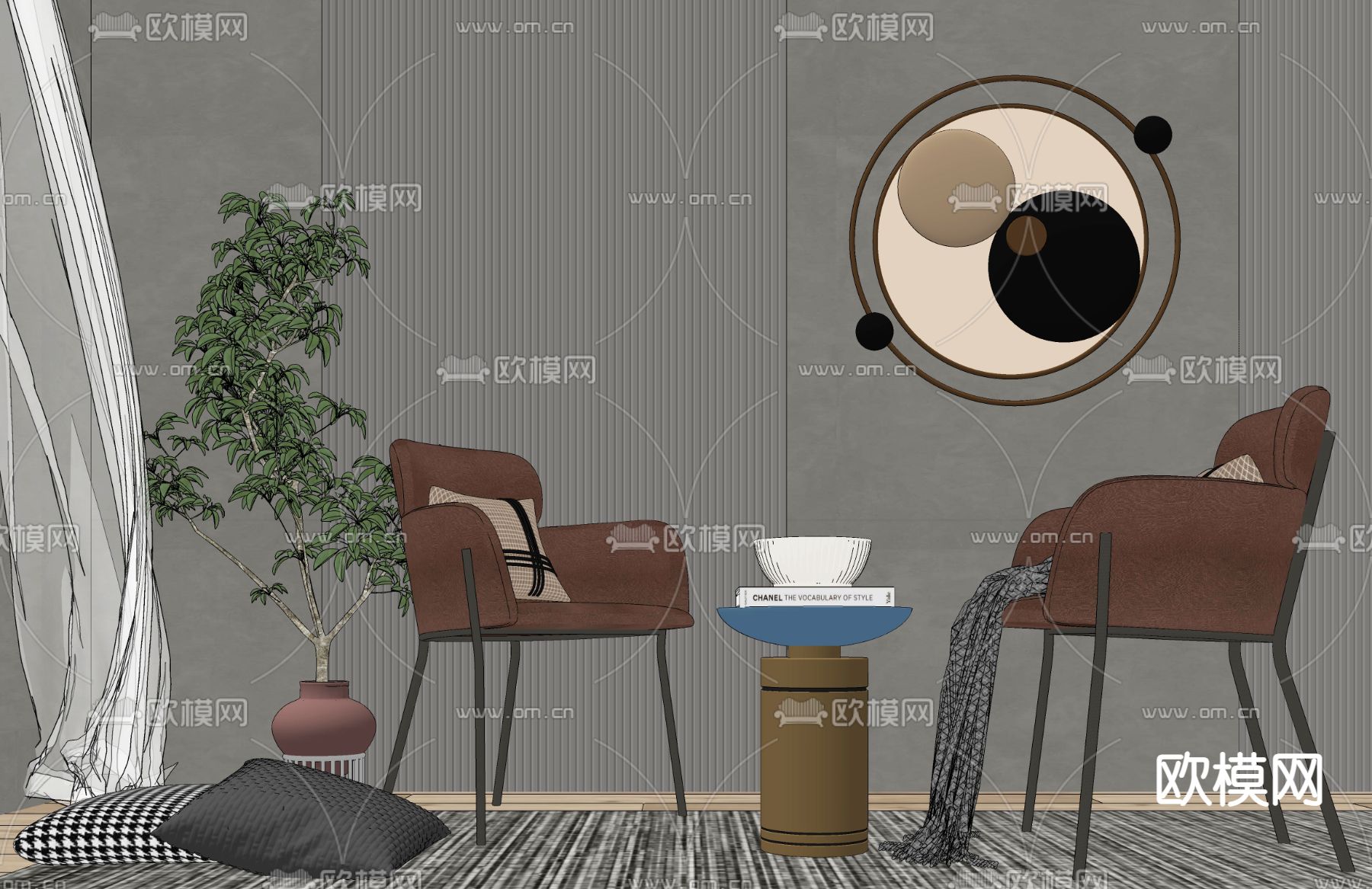 现代皮革休闲椅su模型下载（渲染图2）