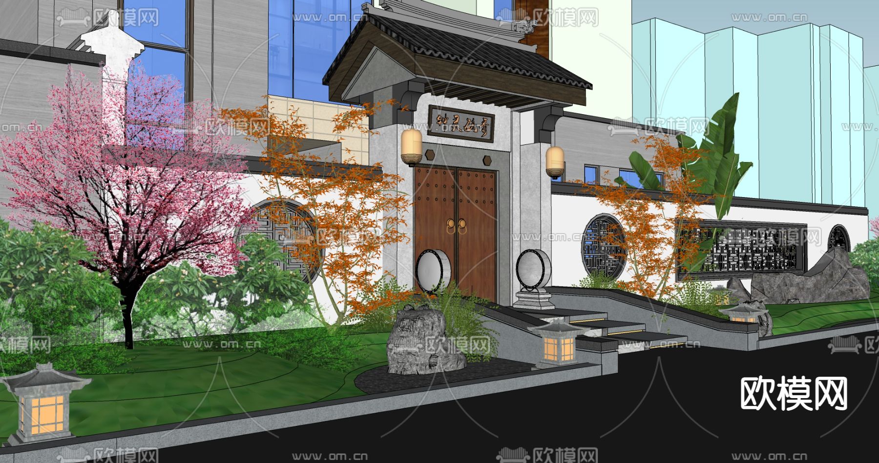 中式庭院花园景观su模型下载（渲染图4）