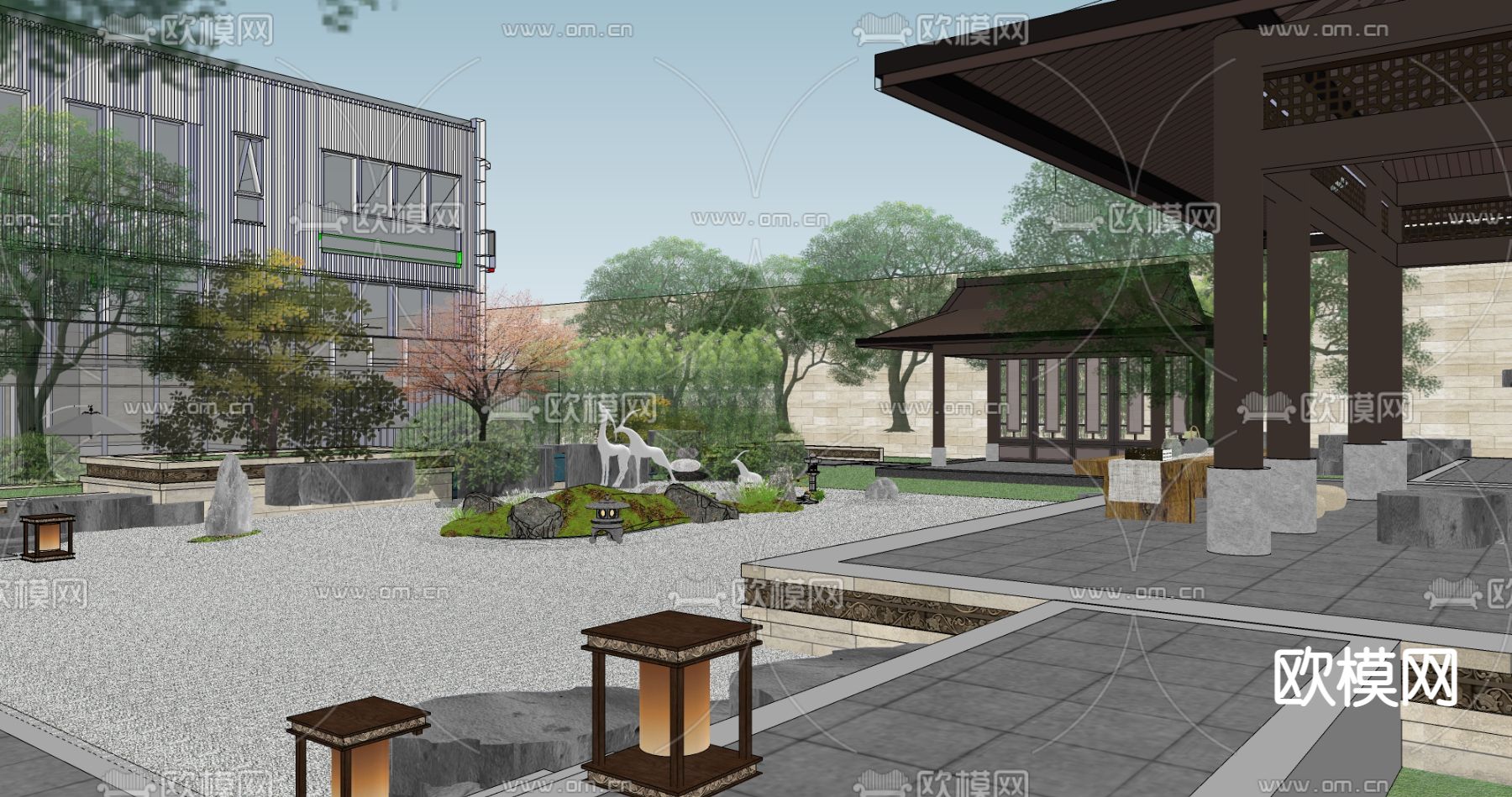 中式酒店庭院景观su模型下载（渲染图3）