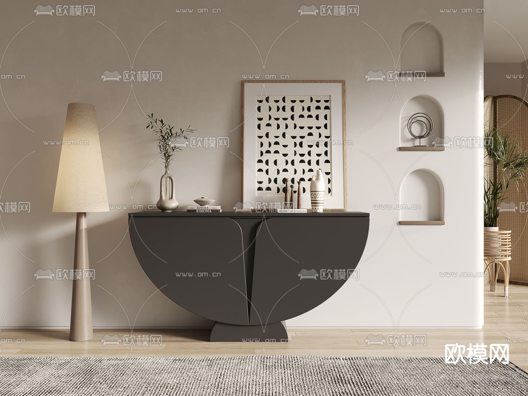 侘寂风黑色半圆形玄关柜3d模型