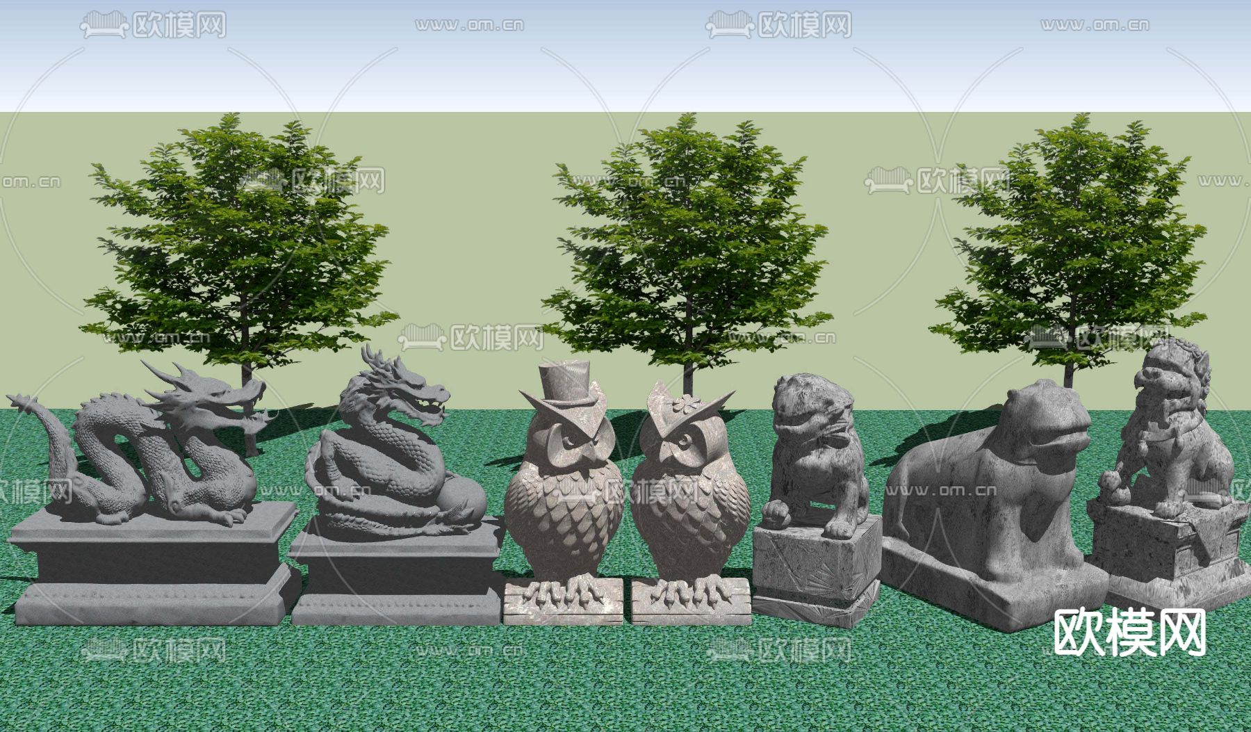 中式古代神兽雕塑su模型下载