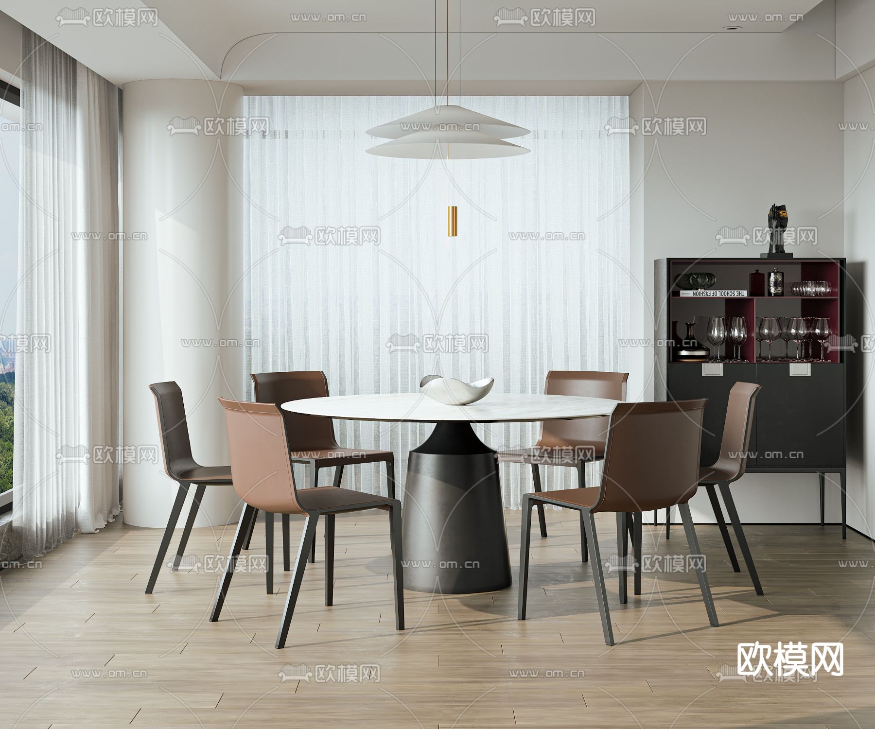 现代圆形餐桌椅su模型下载（渲染图1）