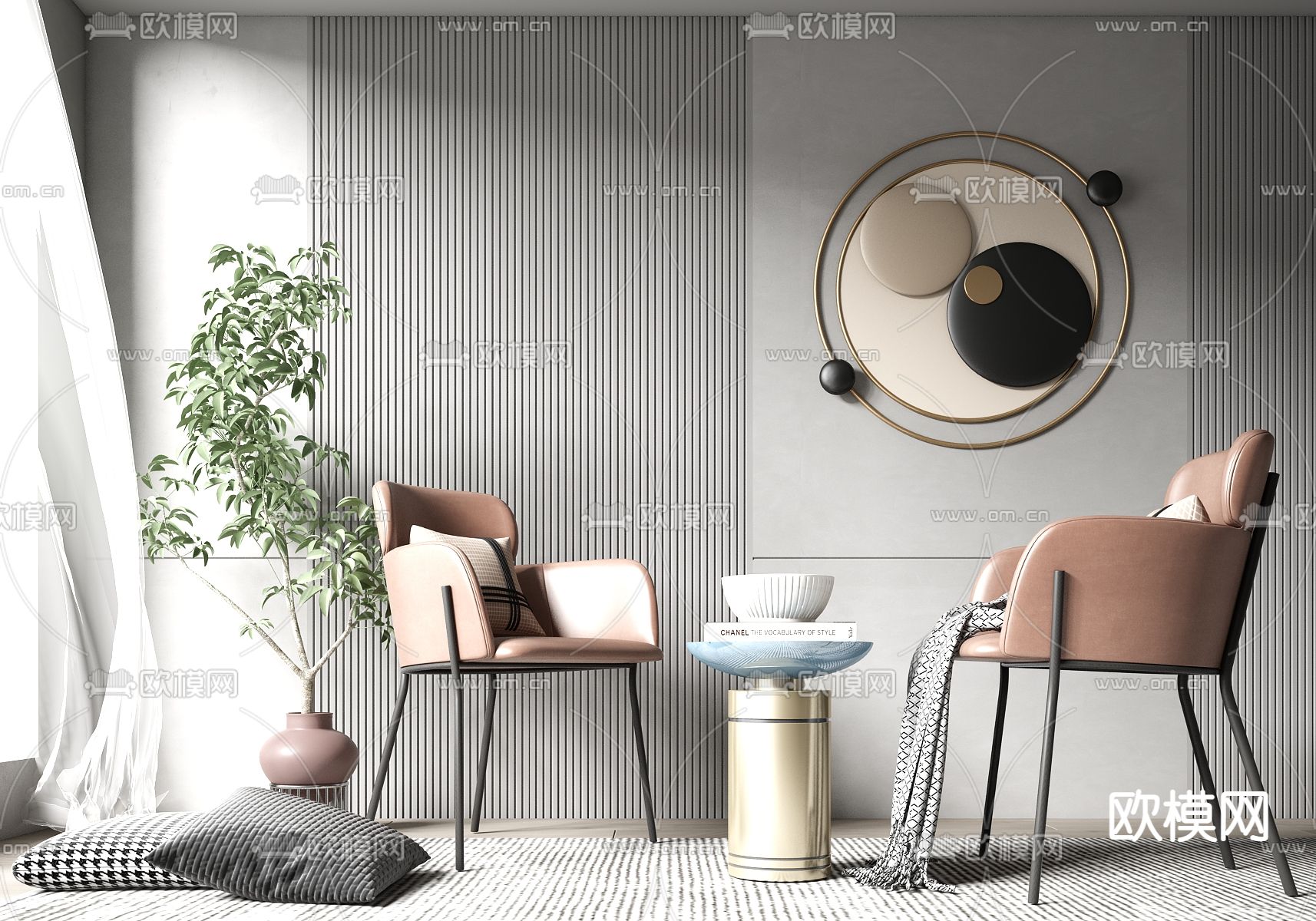 现代皮革休闲椅su模型下载（渲染图1）