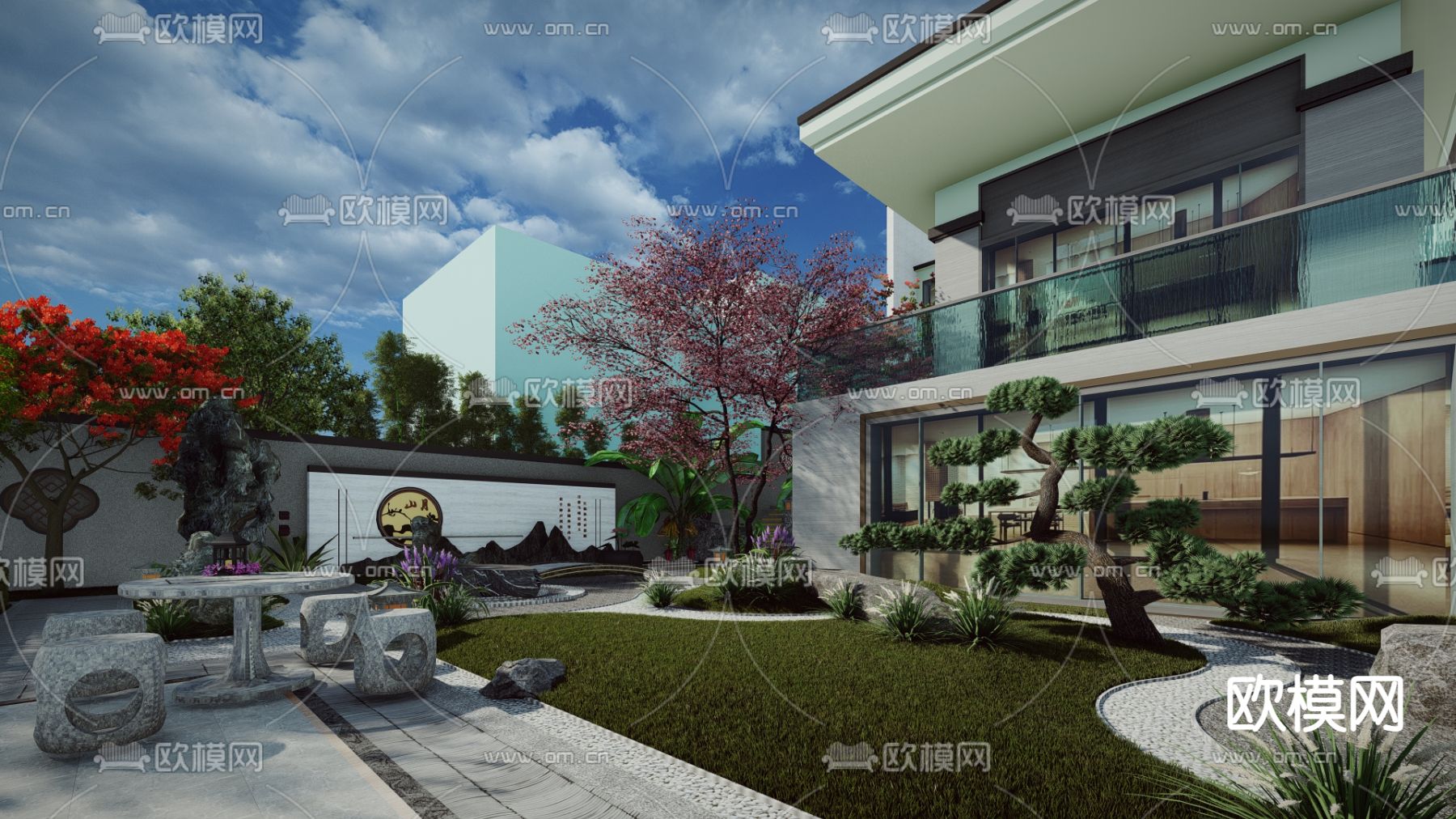 中式庭院花园景观su模型下载（渲染图1）