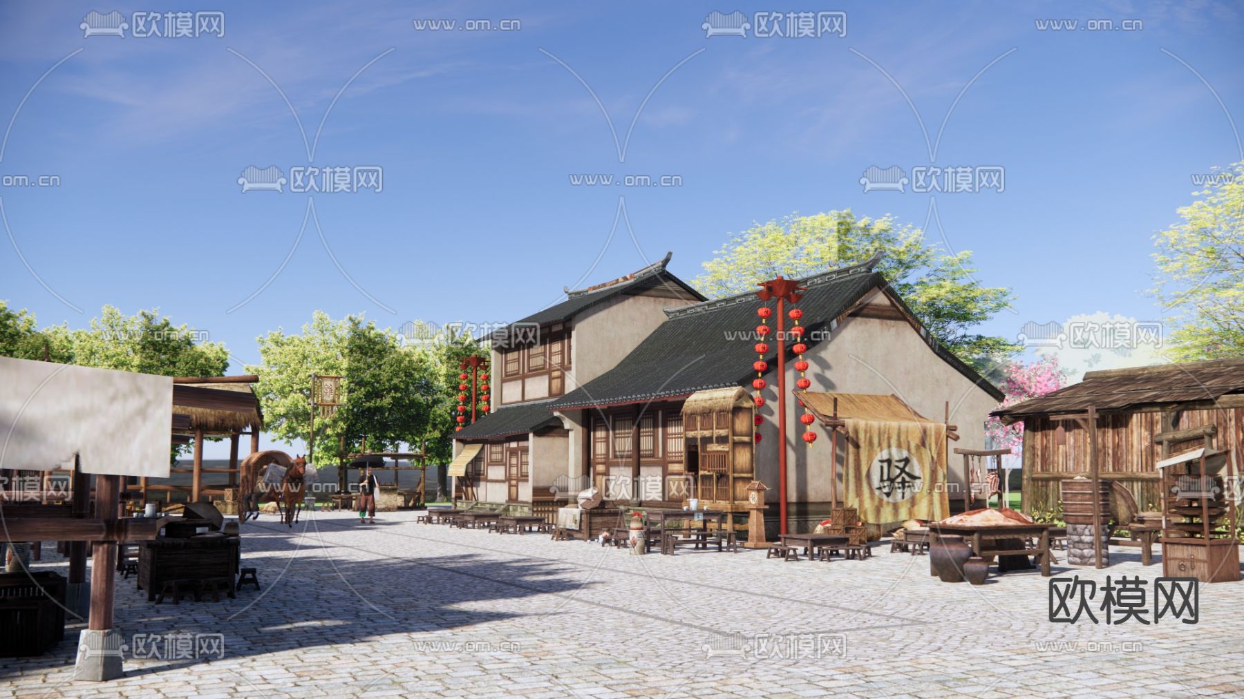 中式集市商业街道su模型下载（渲染图1）